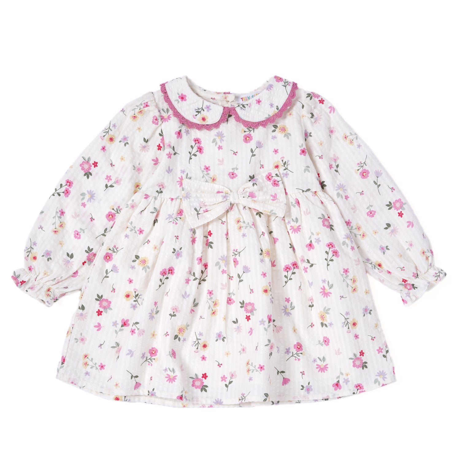 Floral long-sleeved baby girl dress with pink trim and a bow at the waist.