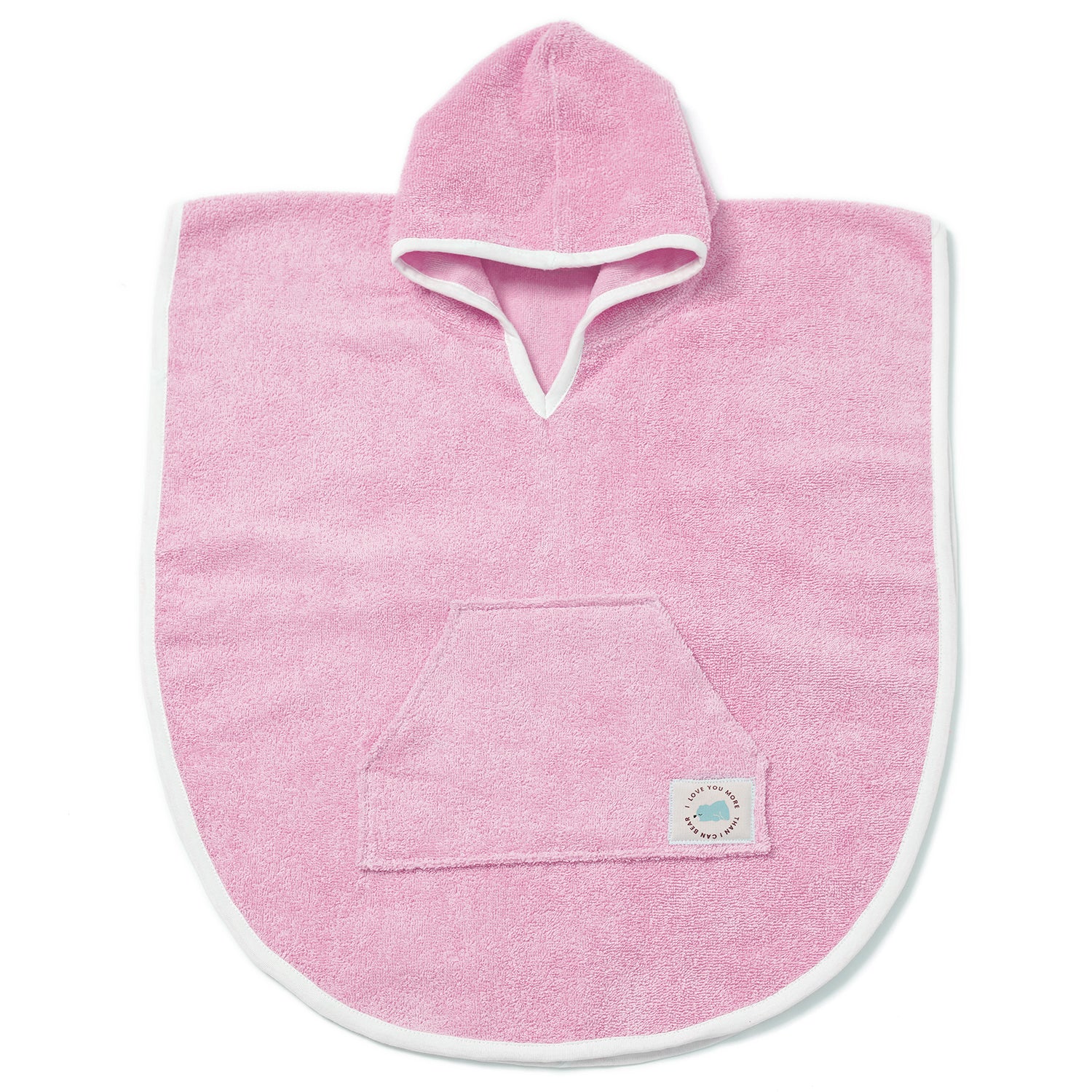 A pink hooded bath towel for a baby. It has a kangaroo pocket and a white trim around the hood and hem