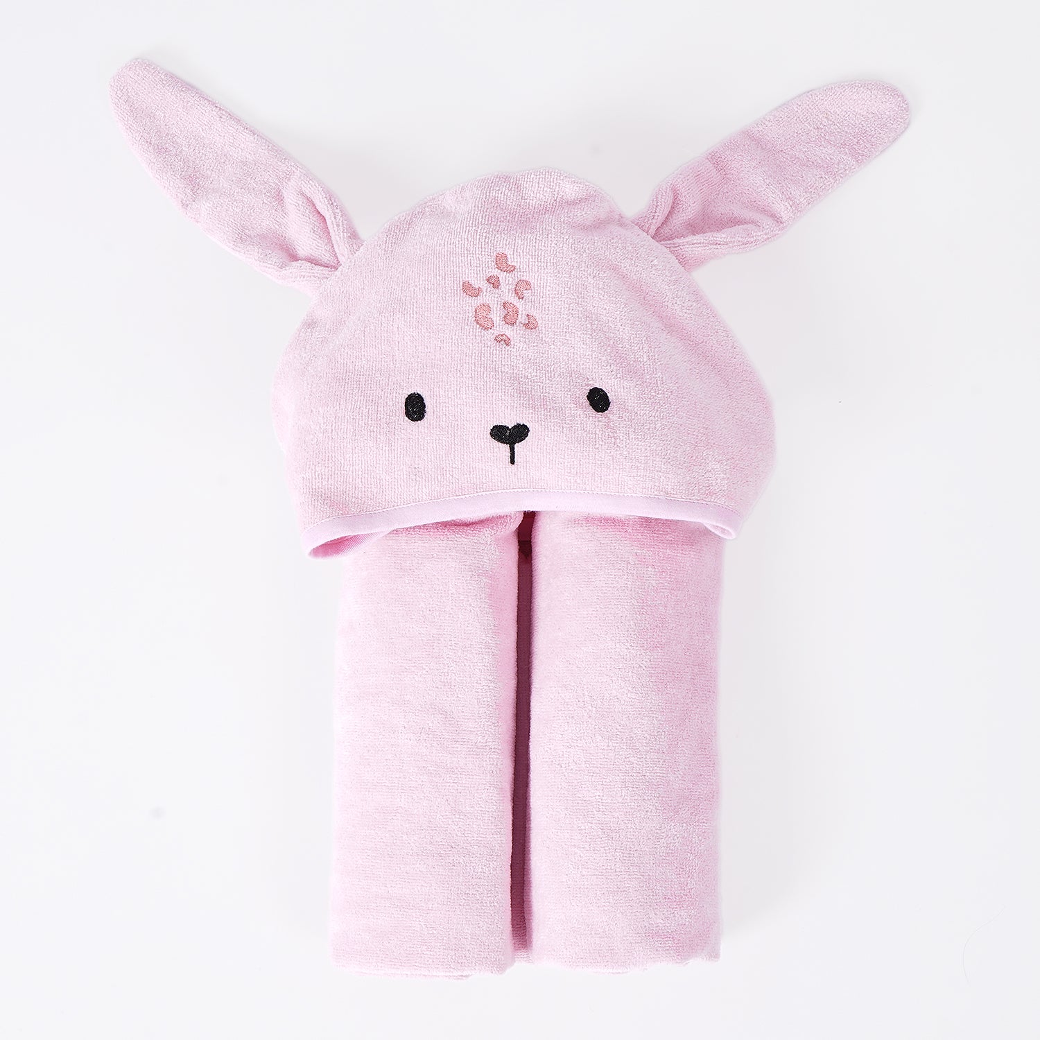 A pink hooded baby towel with a cute bunny face embroidered on the hood. 