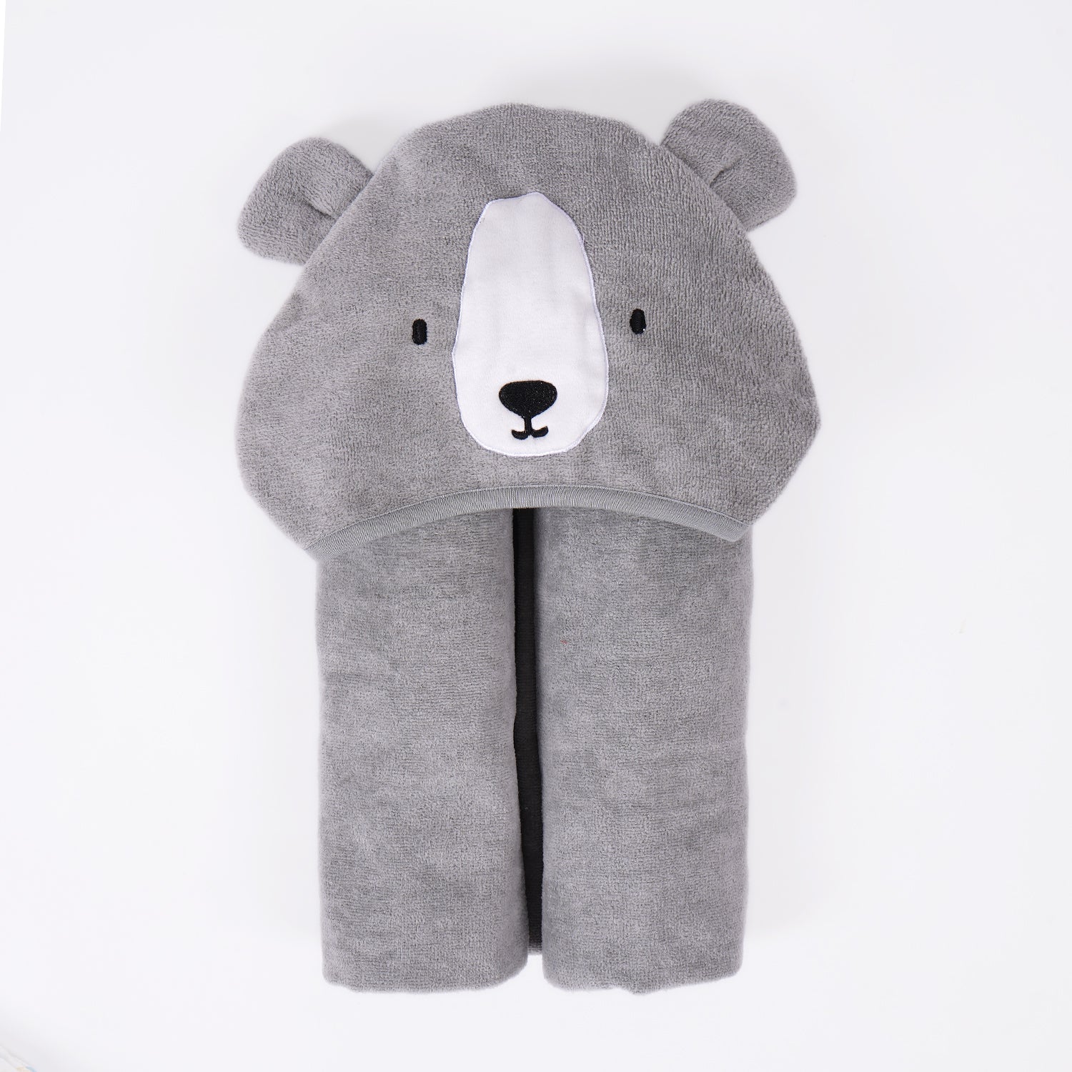 A gray hooded baby towel with a cute bear face embroidered on the hood. 