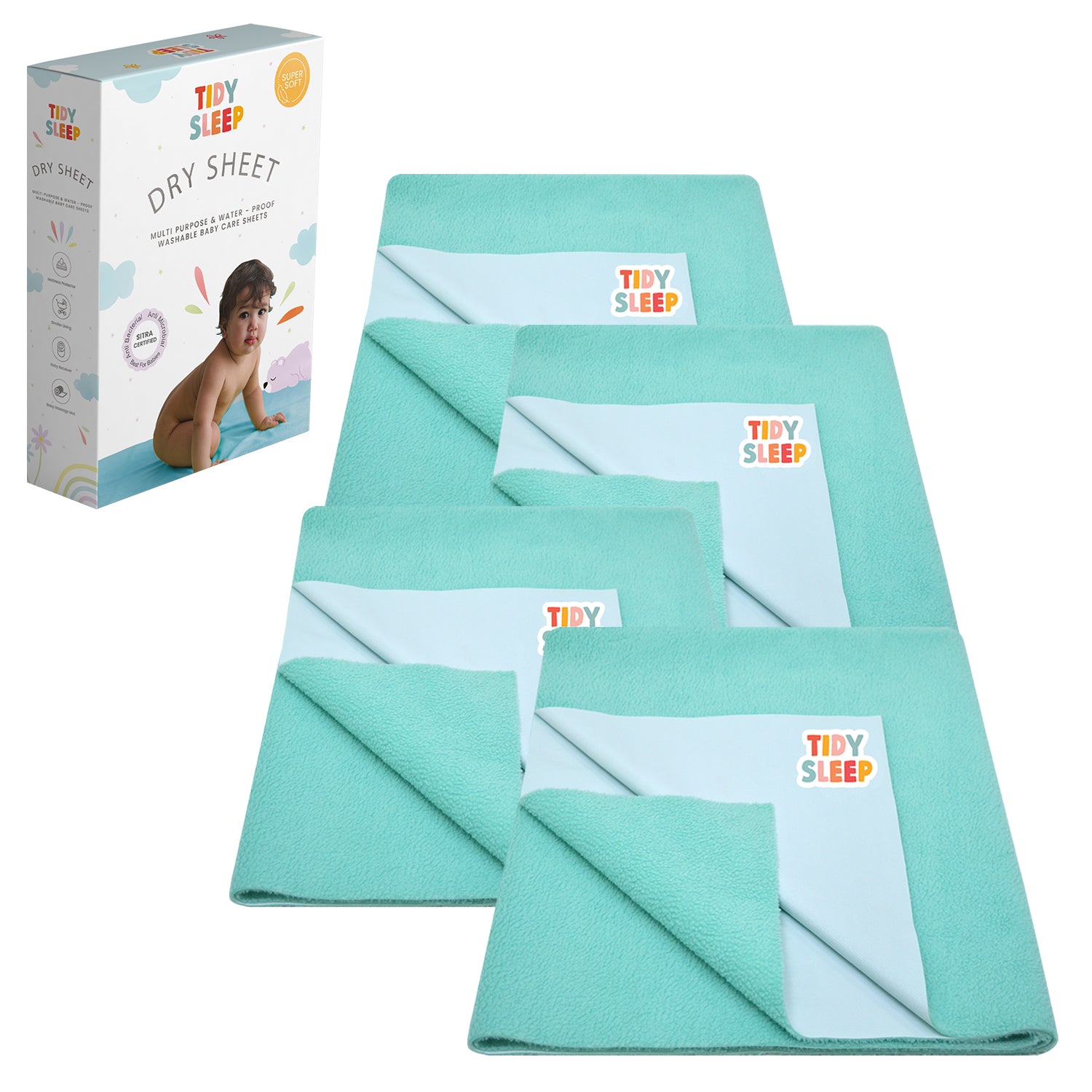 Waterproof Baby Bed Protector Dry Sheet For New Born Babies , Pack of 4,  ( Ocean Green )