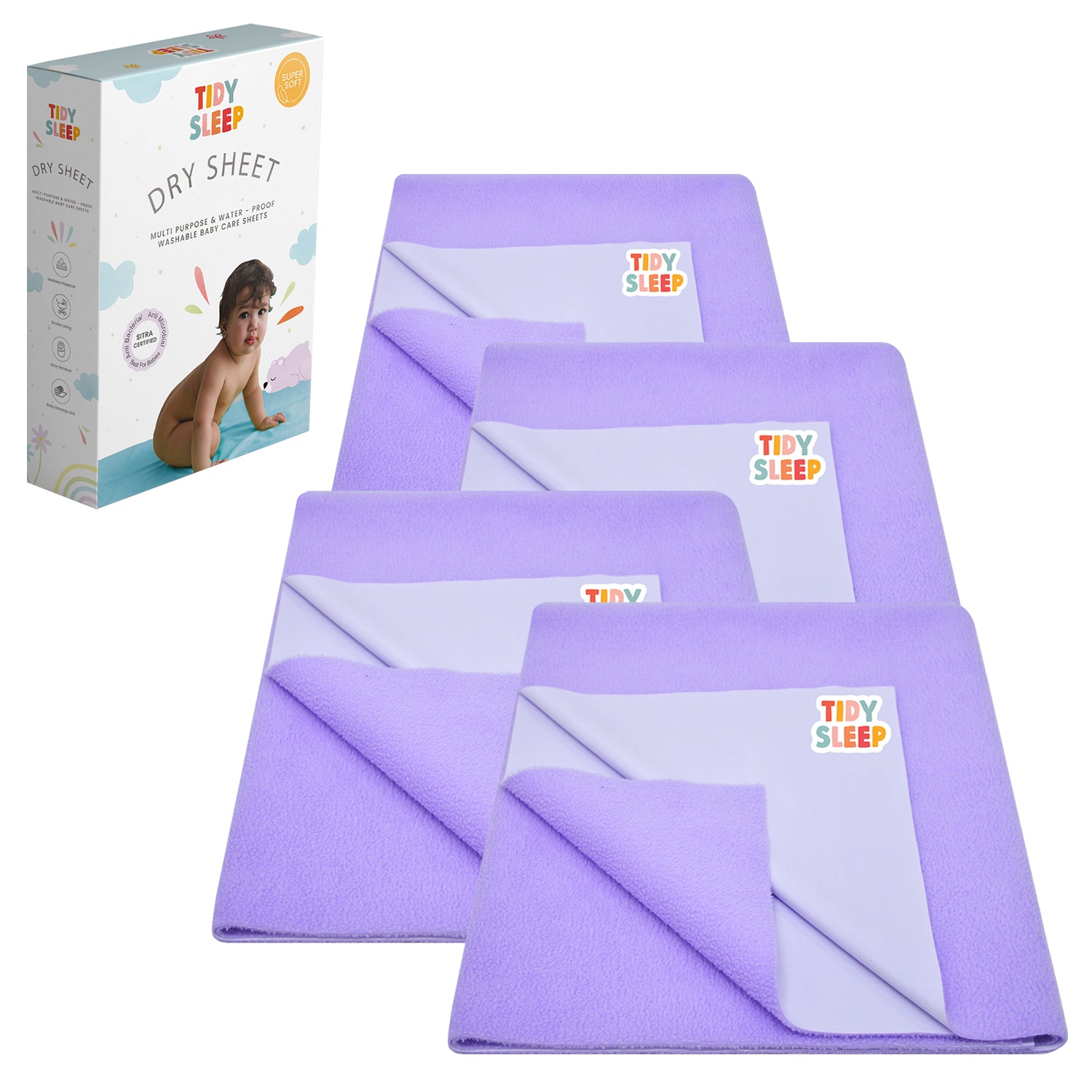 Waterproof Baby Bed Protector Dry Sheet For New Born Babies , Pack of 4,  ( Babies Lilac )