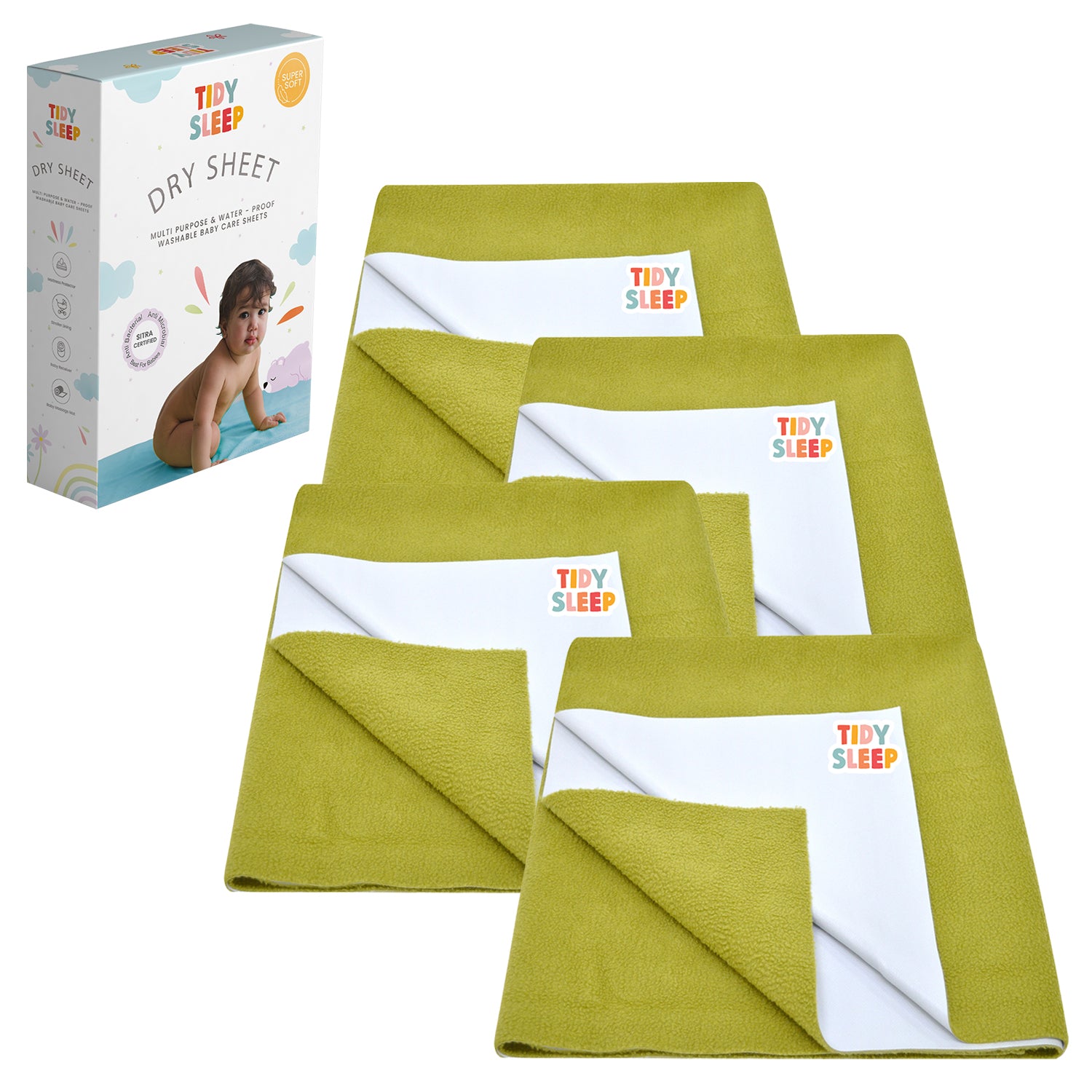 Waterproof Baby Bed Protector Dry Sheet For New Born Babies , Pack of 4,  ( Babies Olive )