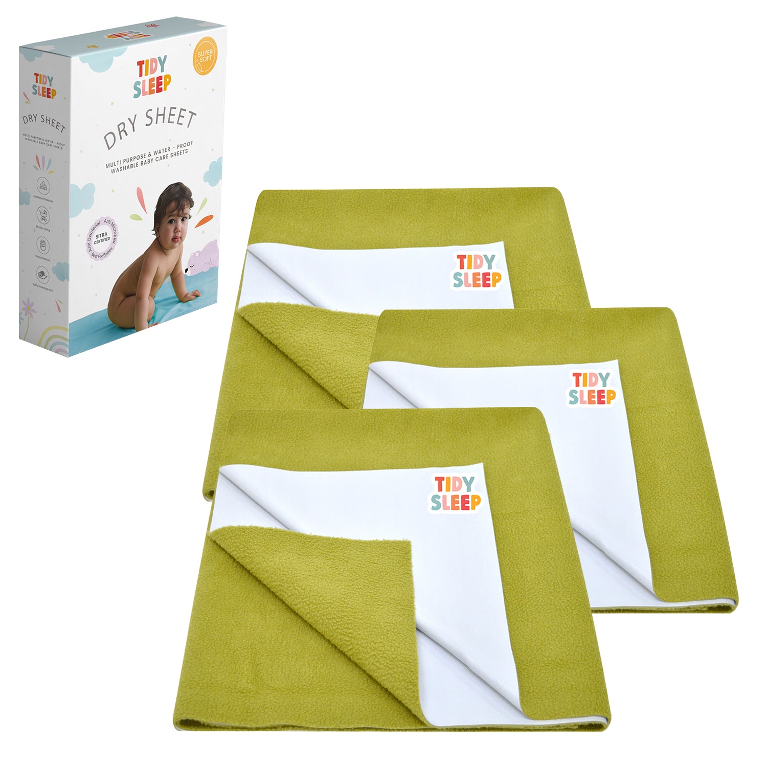 Waterproof Baby Bed Protector Dry Sheet For New Born Babies , Pack of 3,  (  Olive  )