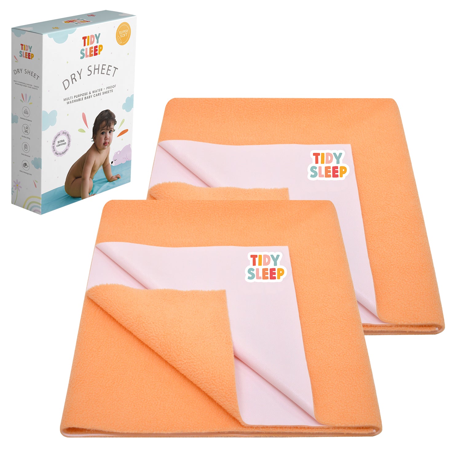 Waterproof Baby Bed Protector Dry Sheet For New Born Babies-Carrot Orange Pack Of 2