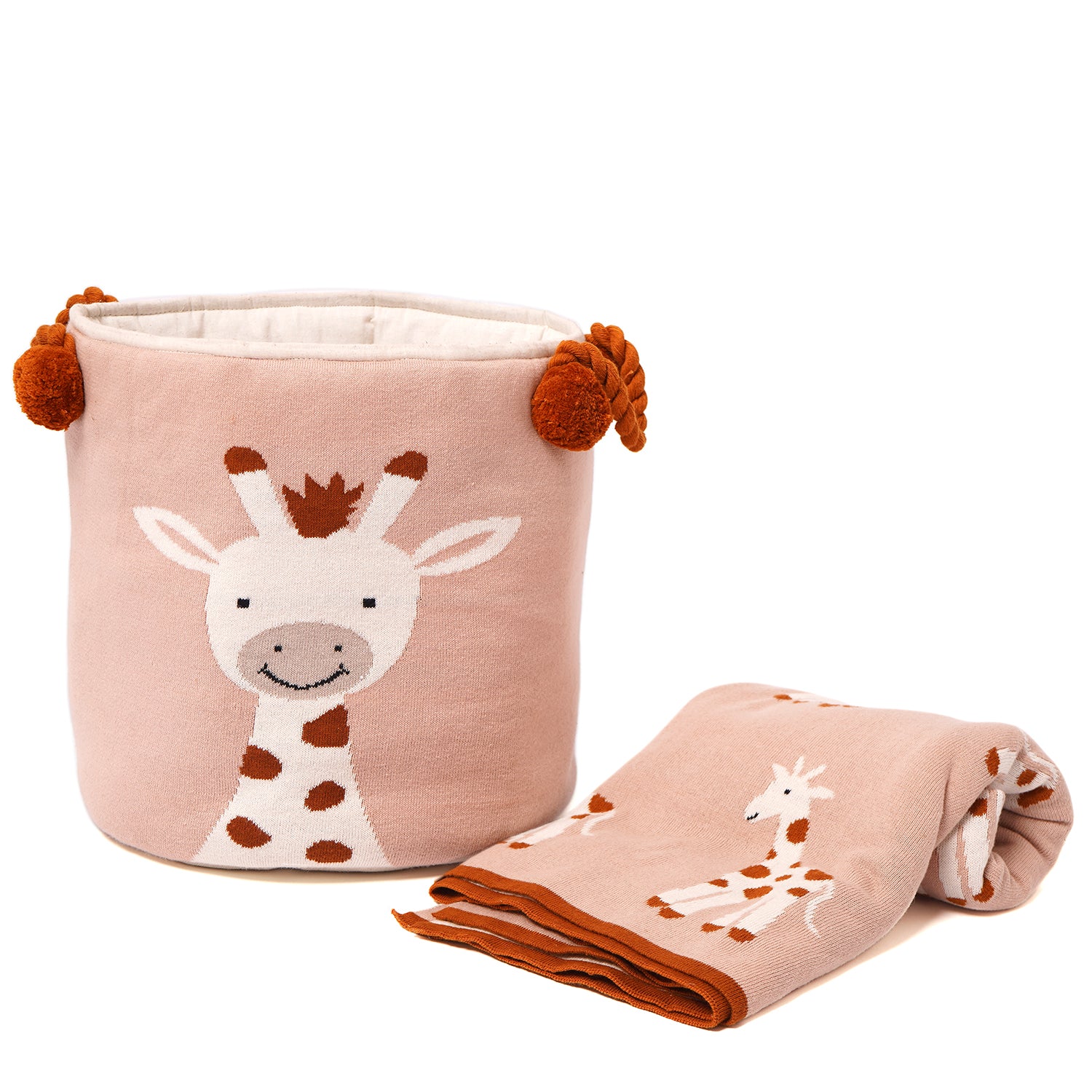 Tidy sleep 100% Cotton Knitted Multipurpose Storage Basket with Knitted Blanket Set-Giraffe