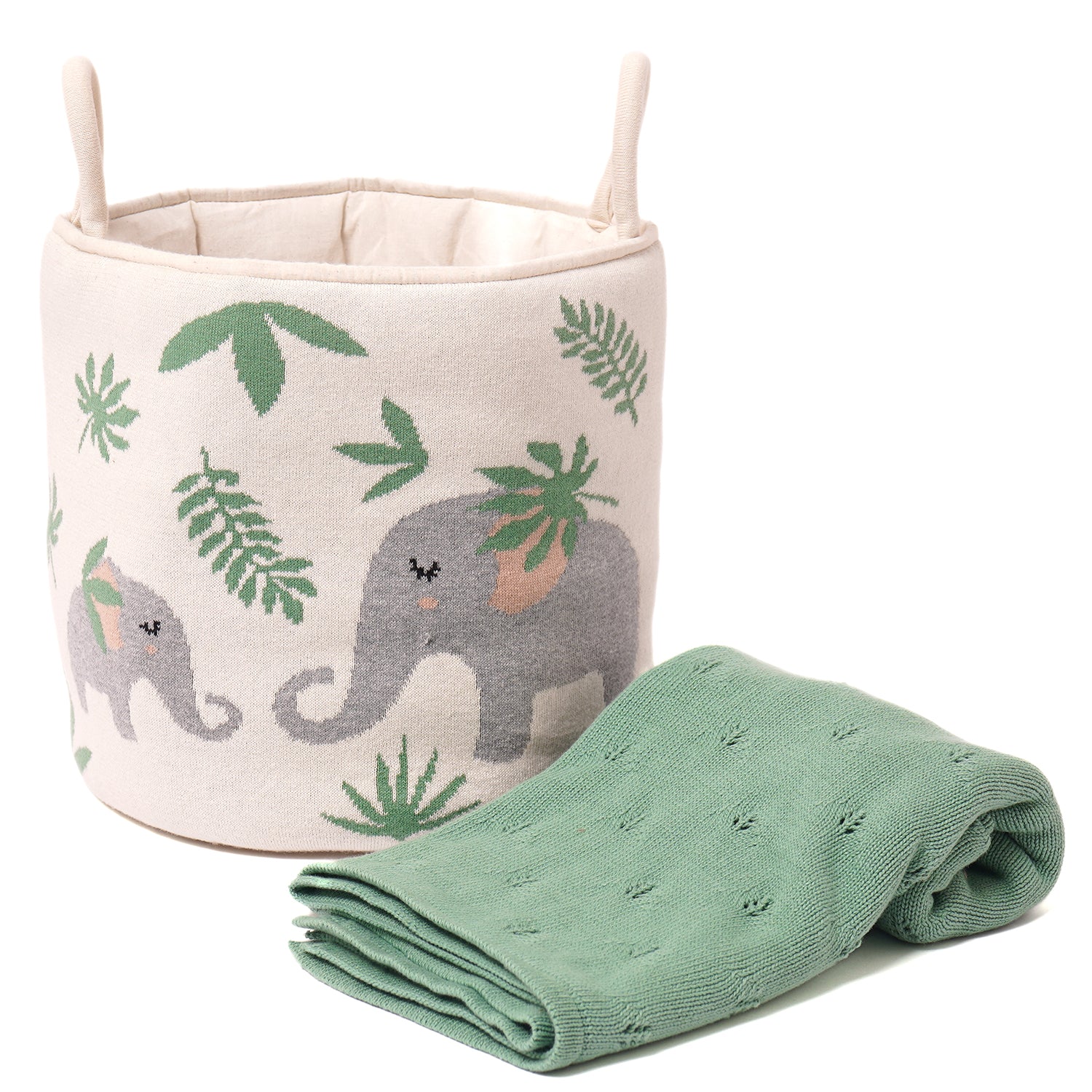 100% Cotton Knitted Storage Basket with Knitted Blanket Set-Elephant