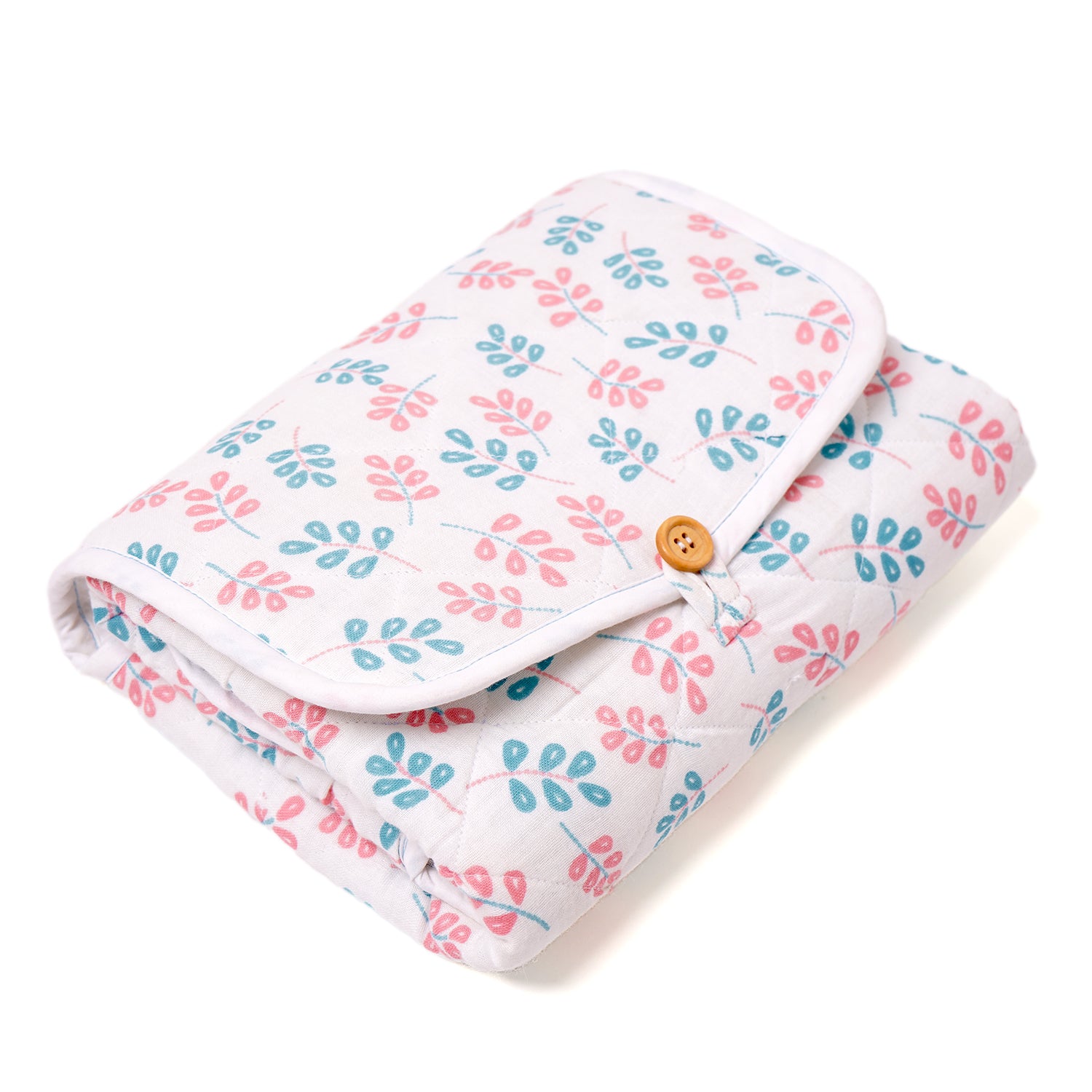 Muslin Waterproof On the go mat for baby | Foldable| with Button & Organizer Pocket ( Little Leaf )