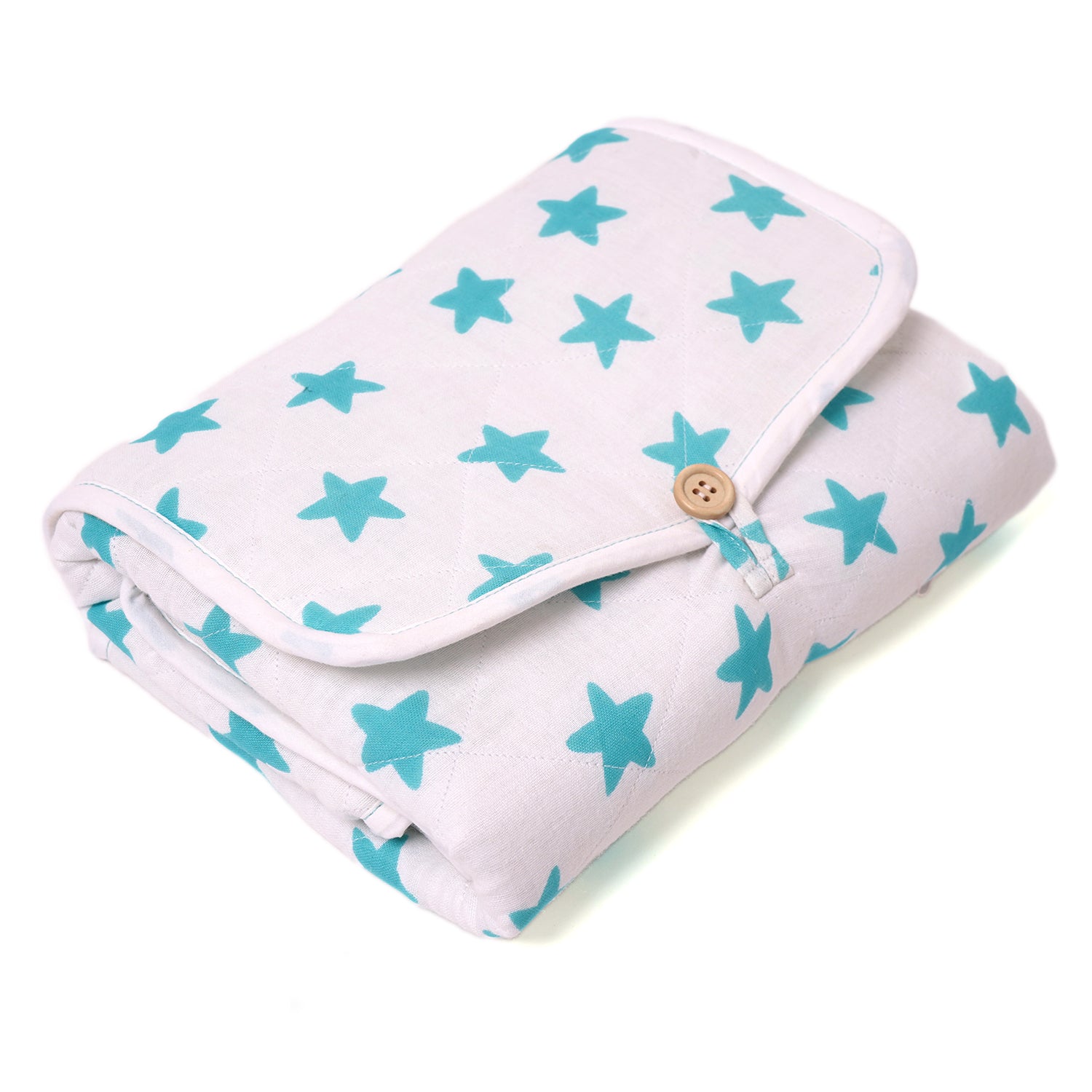 Muslin Waterproof On the go mat for baby | Foldable| with Button & Organizer Pocket ( Blue Star )