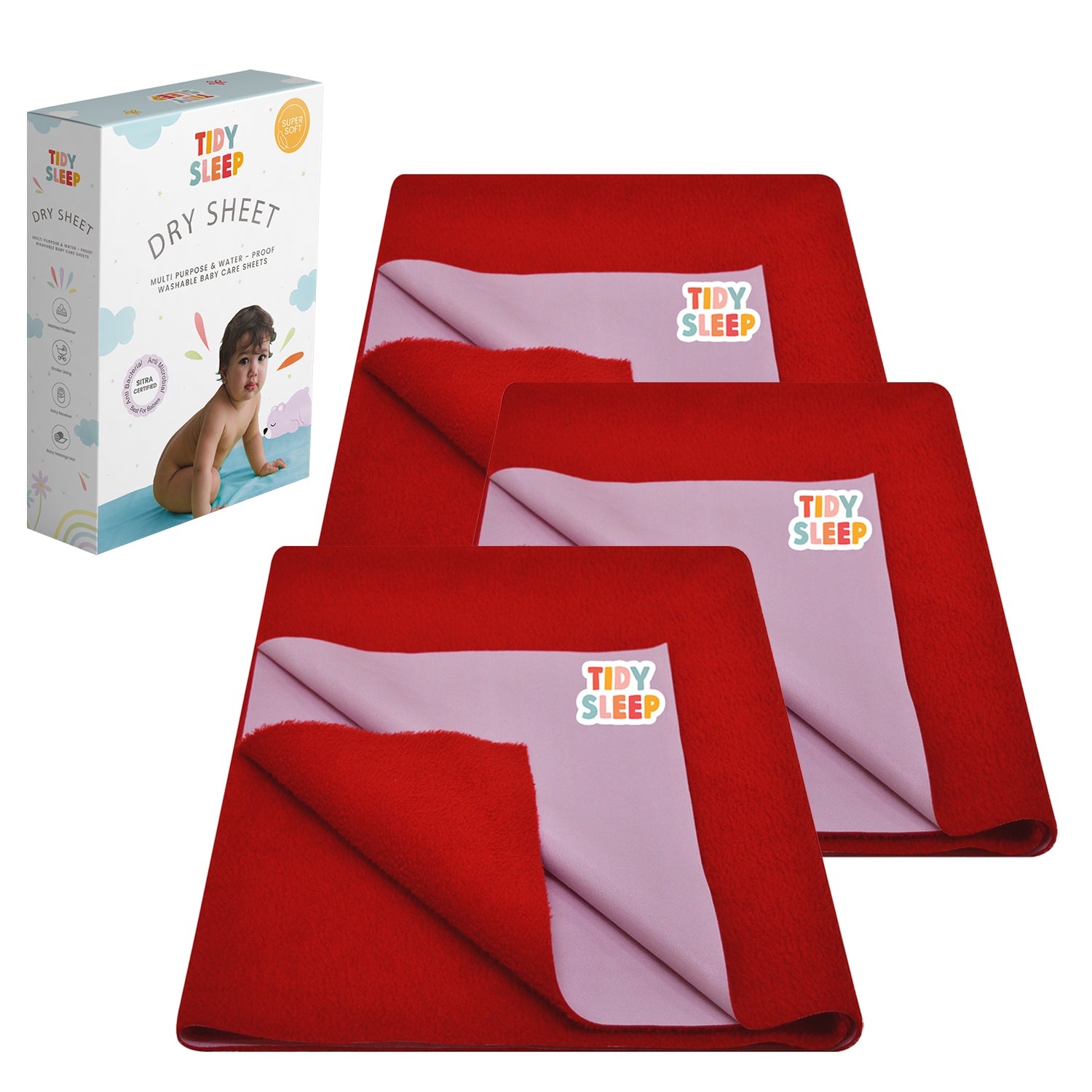 Waterproof Baby Bed Protector Dry Sheet For New Born Babies , Pack of 3,  ( Cherry Red )