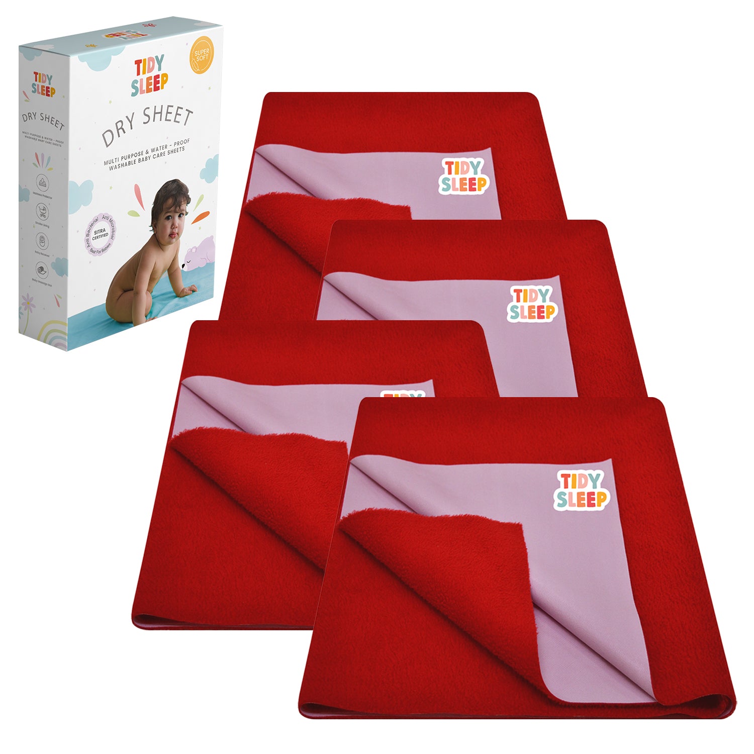 Waterproof Baby Bed Protector Dry Sheet For New Born Babies , Pack of 4,  ( Cherry Red )