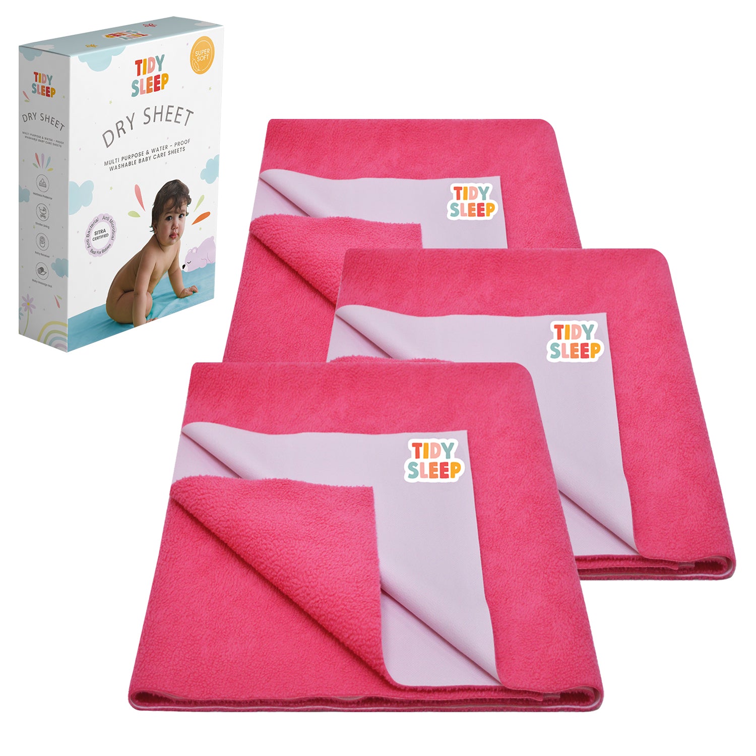 Waterproof Baby Bed Protector Dry Sheet For New Born Babies , Pack of 3,  ( Hot Pink )