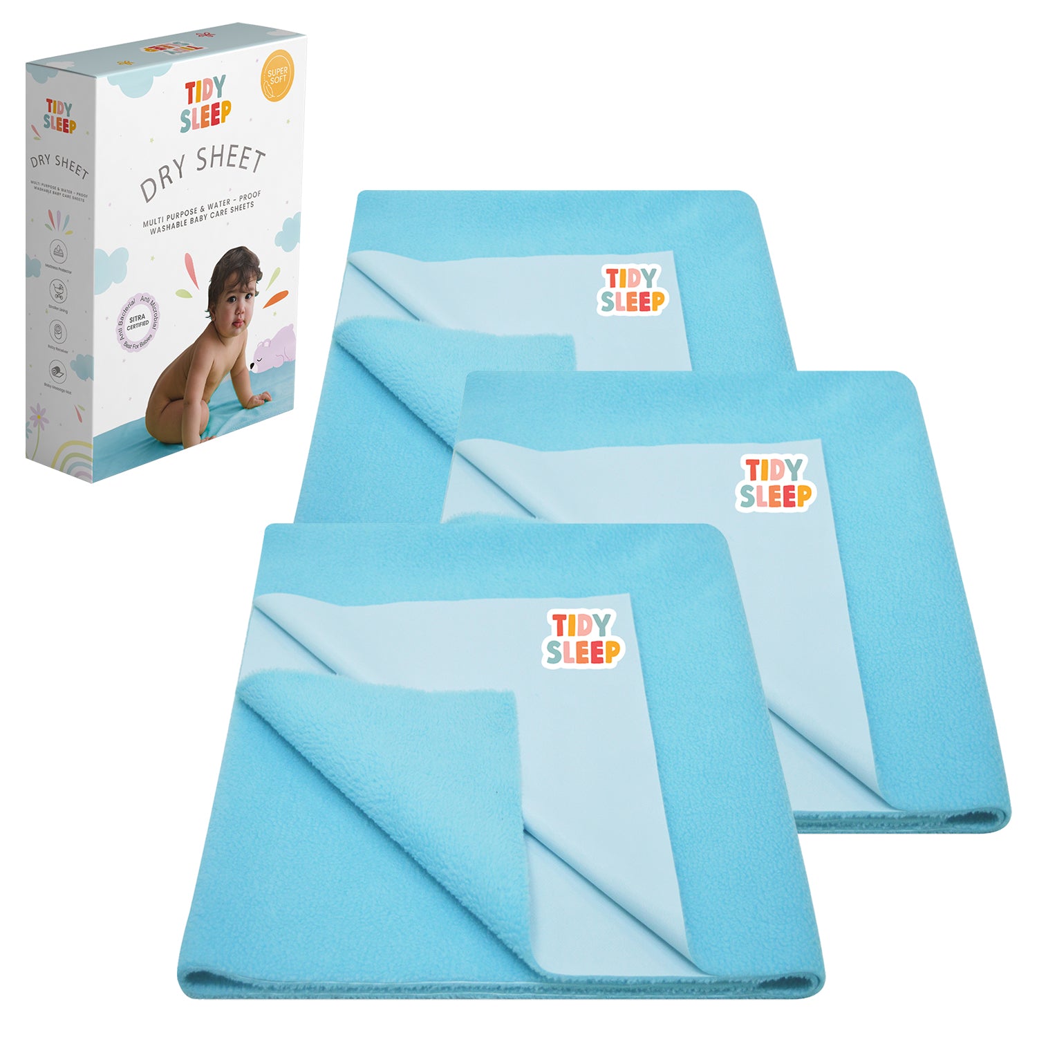 Waterproof Baby Bed Protector Dry Sheet For New Born Babies , Pack of 3,  ( Baby Blue )