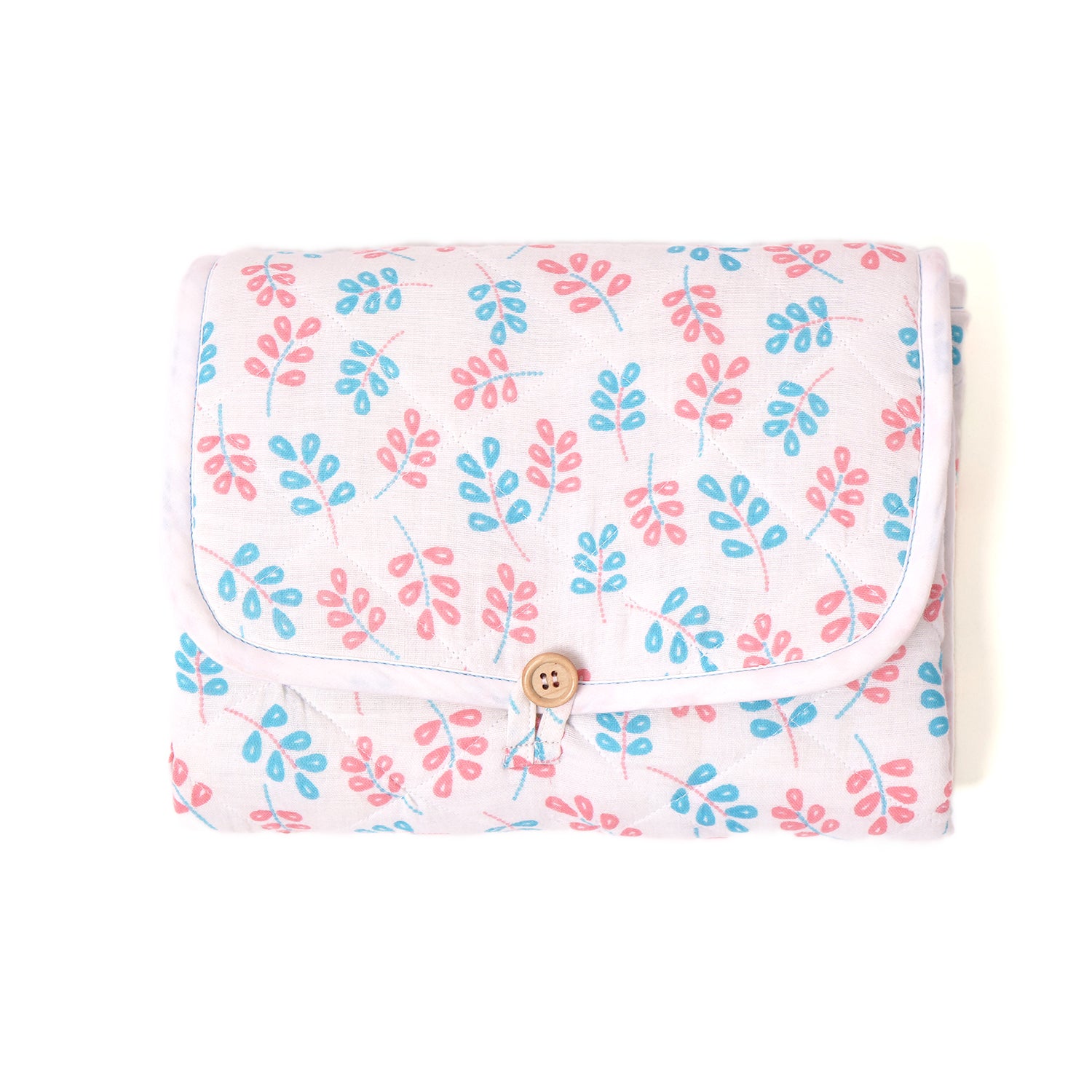 Muslin Waterproof On the go mat for baby | Foldable| with Button & Organizer Pocket ( Little Leaf )