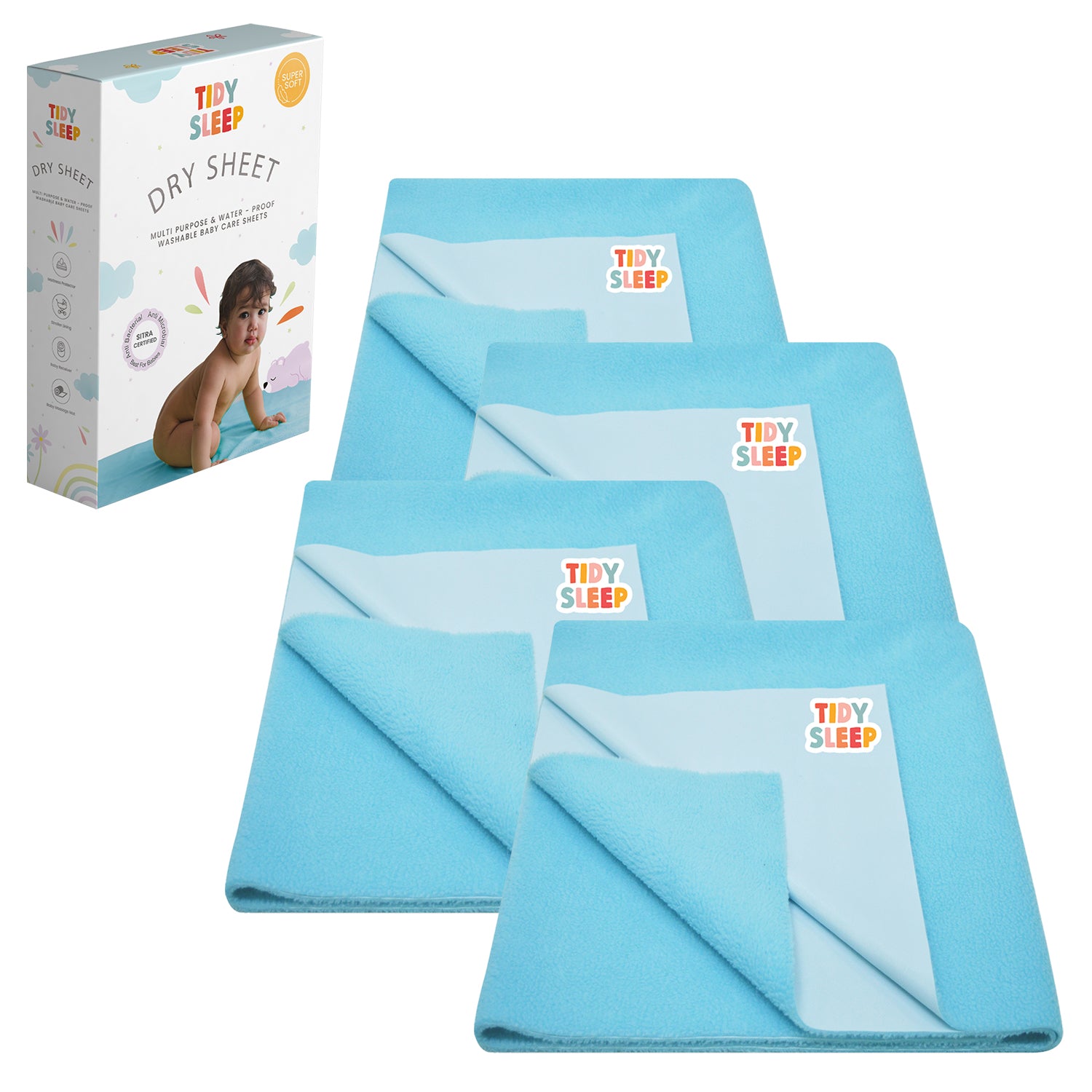 Waterproof Baby Bed Protector Dry Sheet For New Born Babies , Pack of 4,  ( Baby Blue )