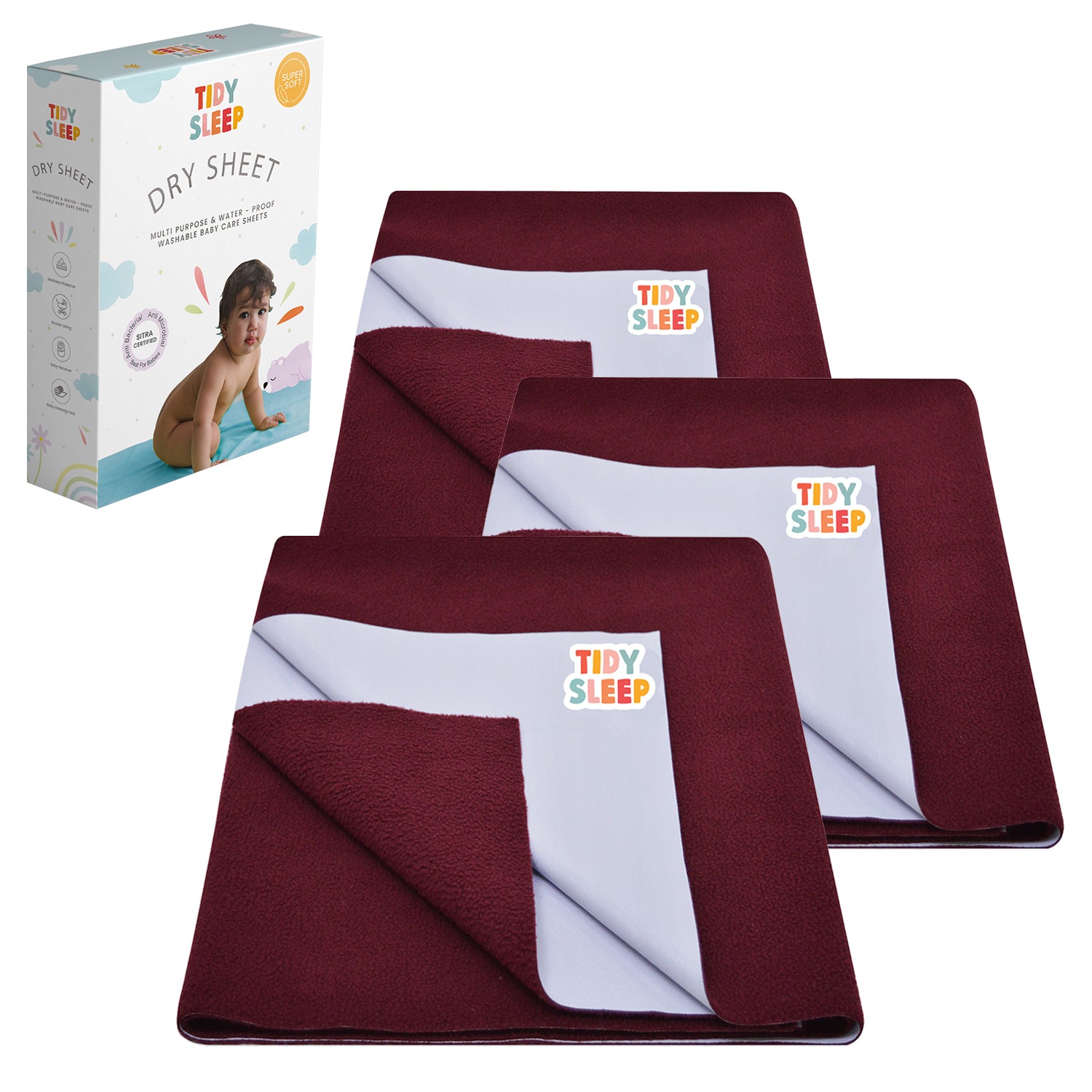 Waterproof Baby Bed Protector Dry Sheet For New Born Babies , Pack of 3,  (  Maroon )