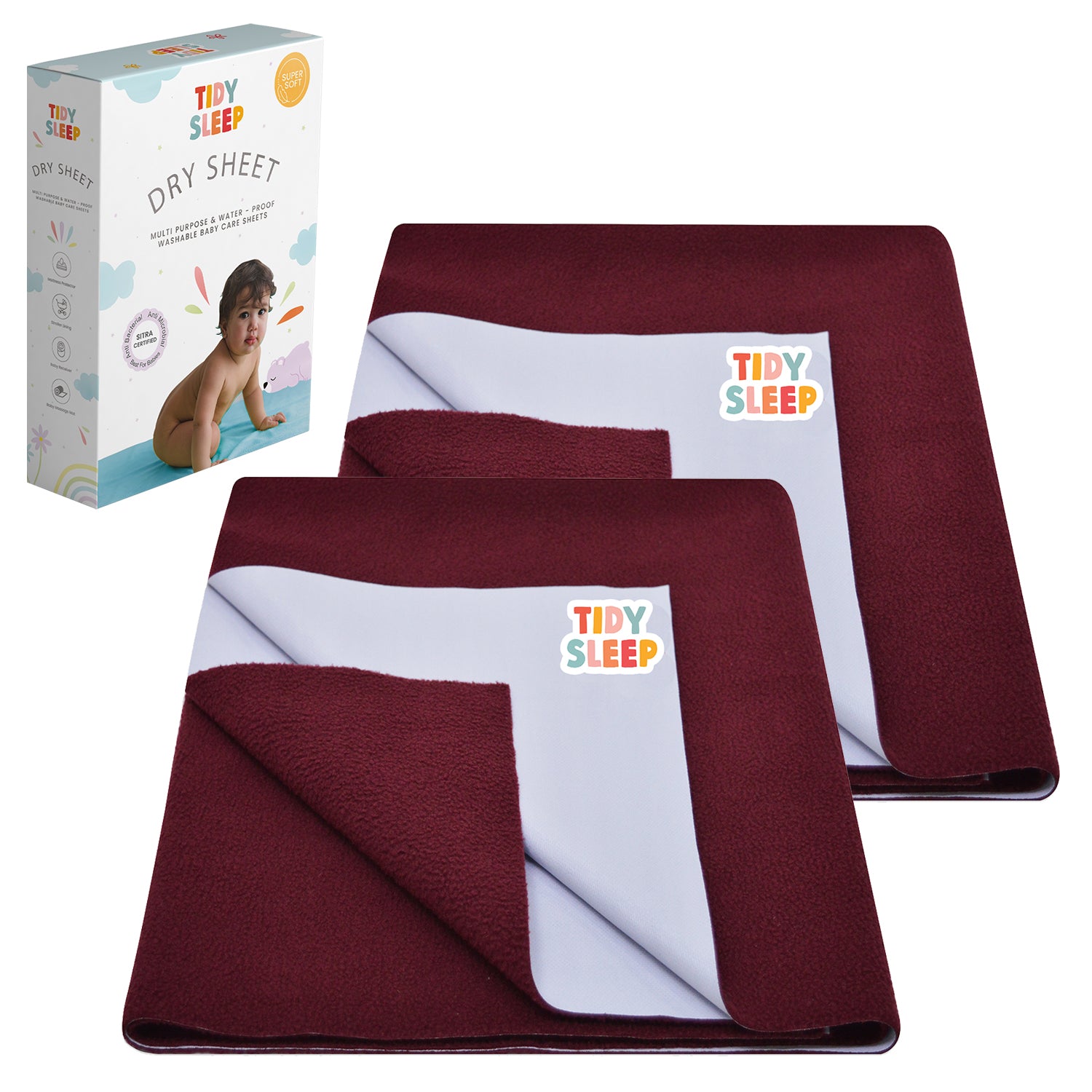 Waterproof Baby Bed Protector Dry Sheet For New Born Babies-Maroon Pack Of 2
