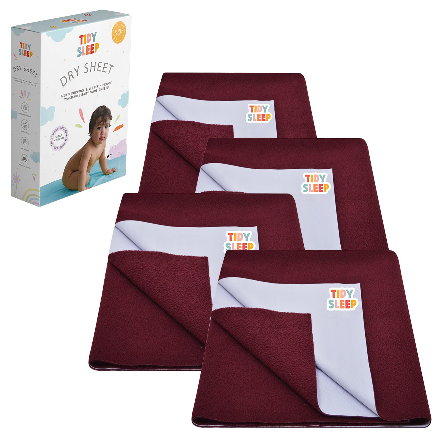 Waterproof Baby Bed Protector Dry Sheet For New Born Babies , Pack of 4,  ( Babies Maroon )