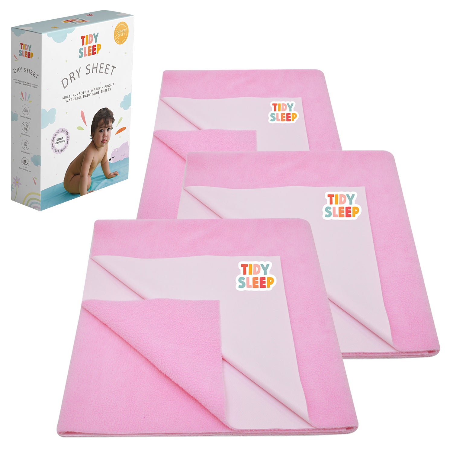 Waterproof Baby Bed Protector Dry Sheet For New Born Babies , Pack of 3,  ( Baby Pink )