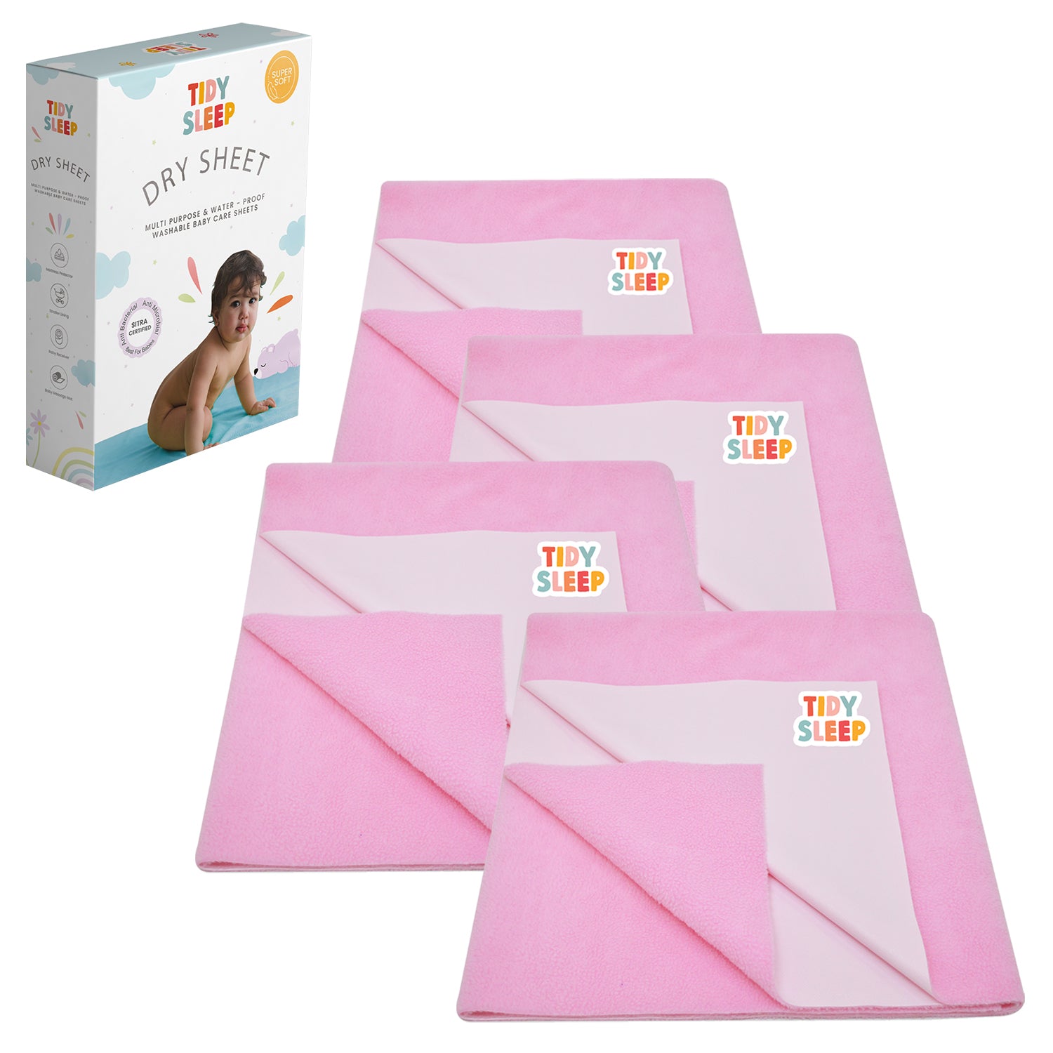 Waterproof Baby Bed Protector Dry Sheet For New Born Babies , Pack of 4,  ( Baby Pink )