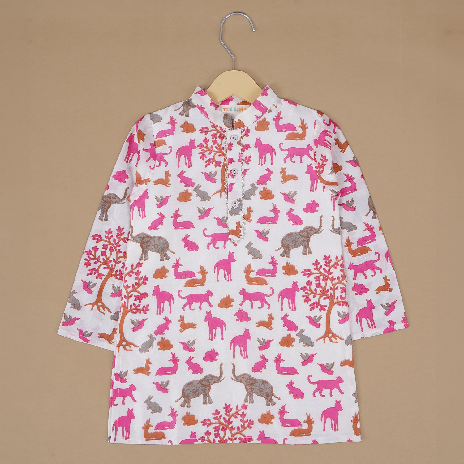 A pink kurta set for a child and it has a collared neckline, colorful print of various animals like elephants, rabbits, cats, and birds.