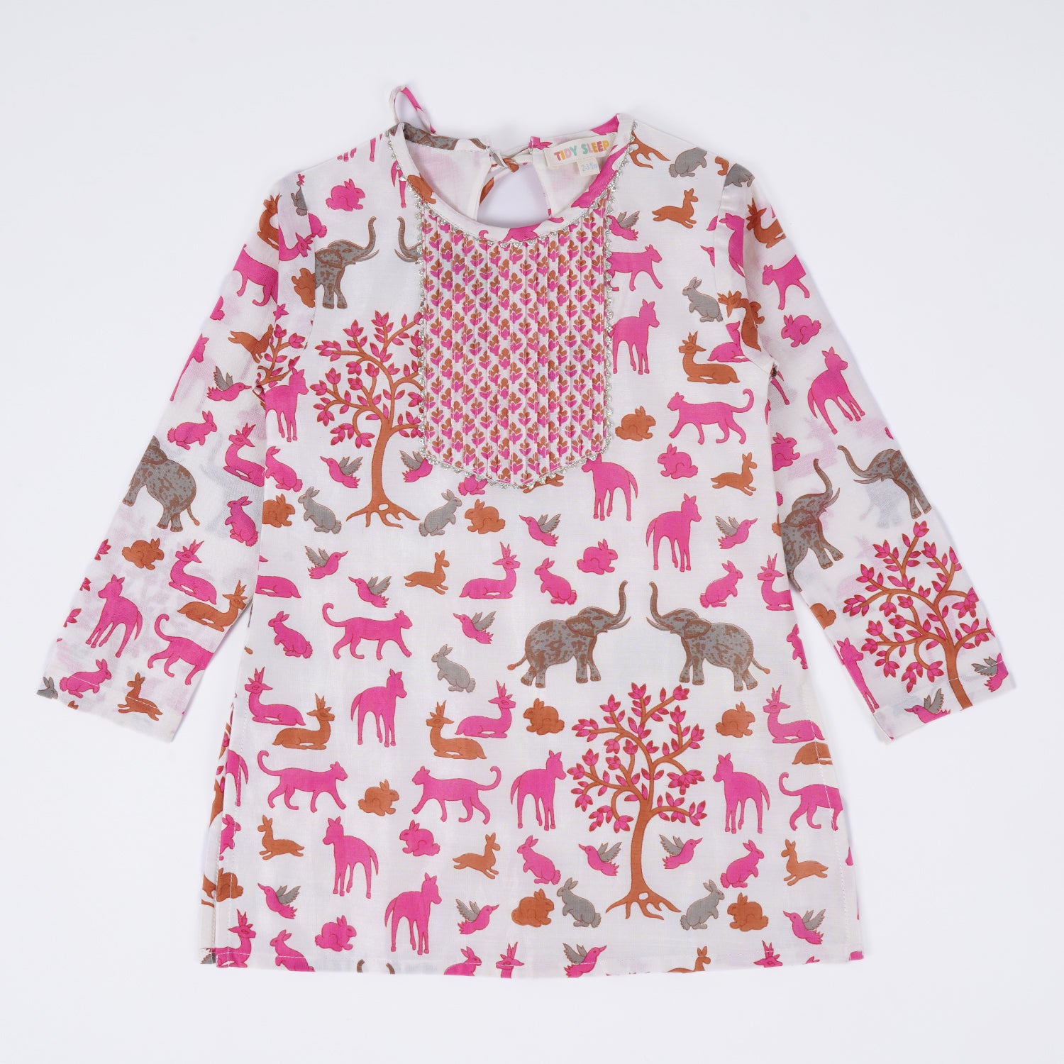 A pink kurta for baby girl, colorful print of various animals like elephants, rabbits, cats, and birds.