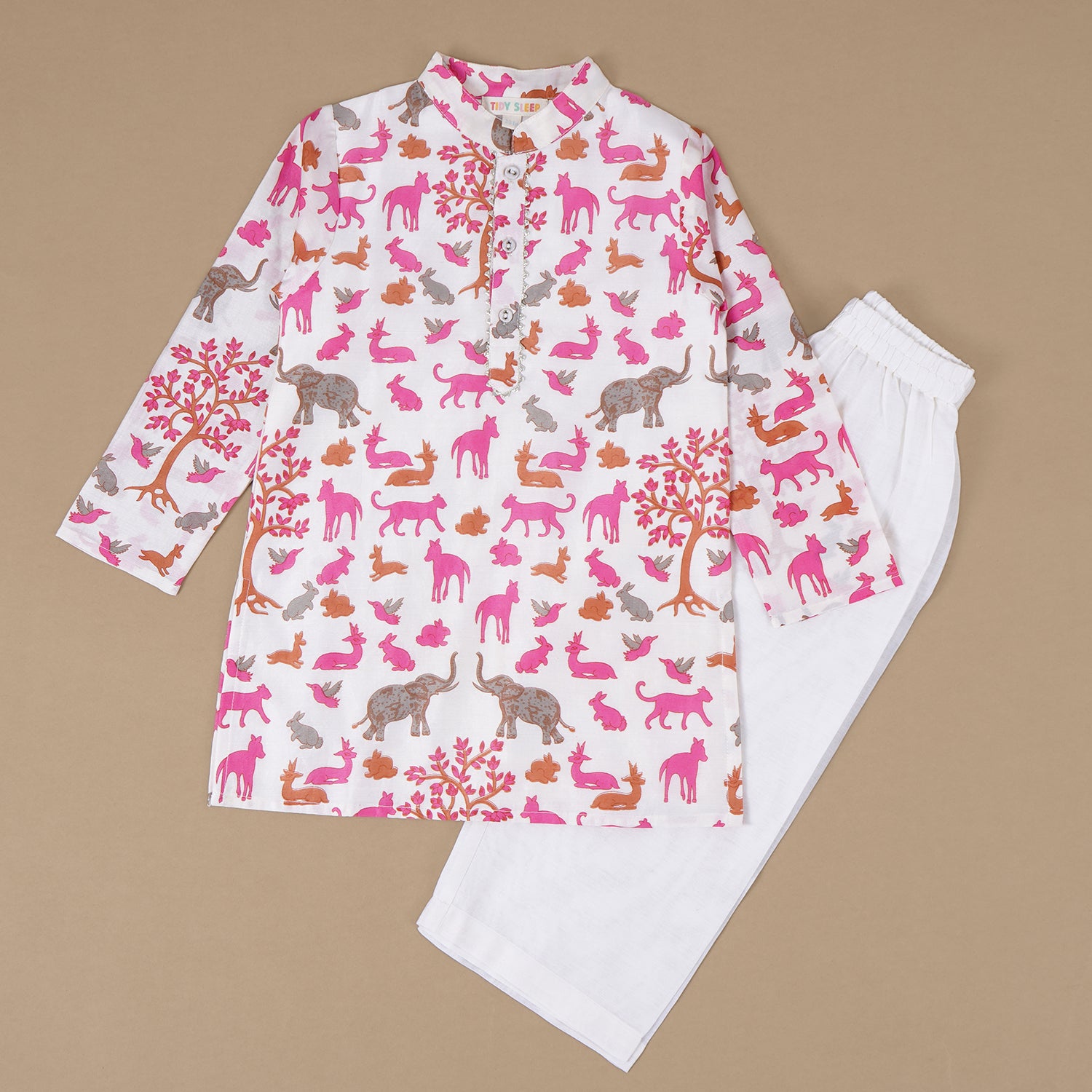 A pink kurta set for a child with matching white pants. It has a collared neckline, colorful print of various animals like elephants, rabbits, cats, and birds.