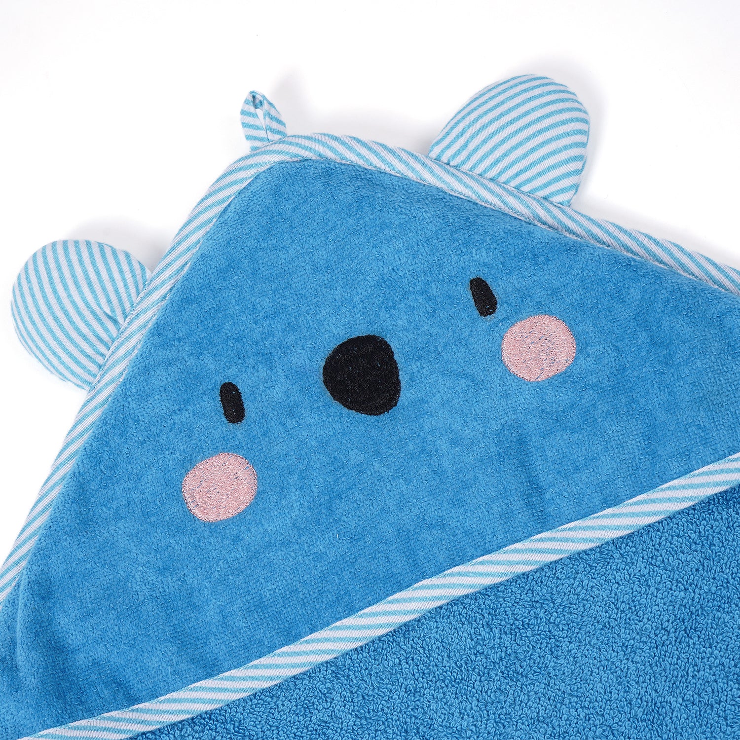 A blue hooded baby towel with a cute koala face embroidered on the hood