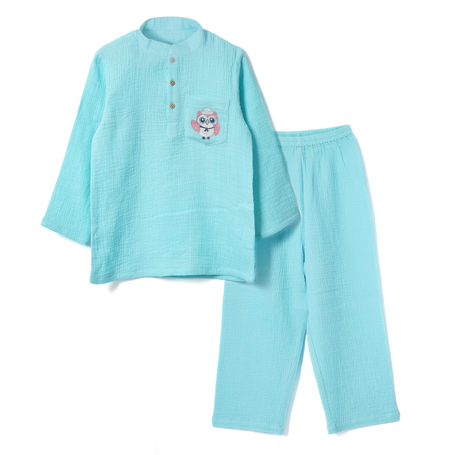 sky blue baby night suit set with a mandarin collar, button-up top, and matching pants, featuring an embroidered owl pocket