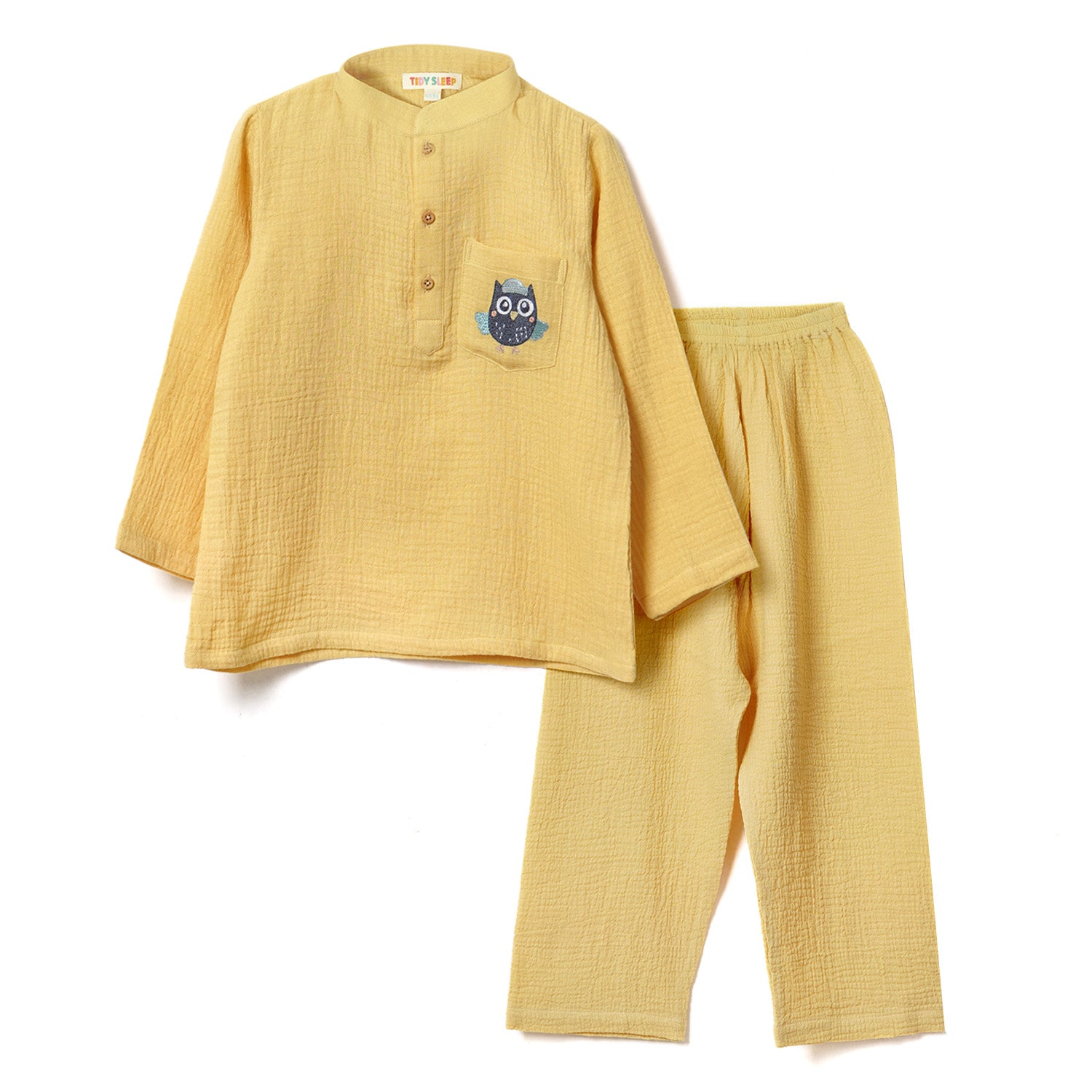 Yellow baby night suit set with a mandarin collar, button-up top, and matching pants, featuring an embroidered owl pocket