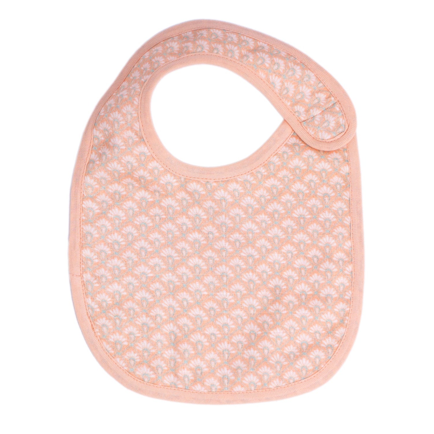 Soft baby bib with a charming floral pattern on a peach background, bordered with peach trim.