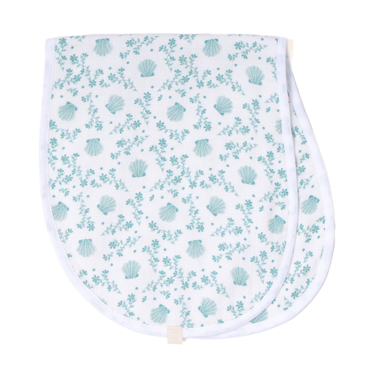 
Soft baby burp cloth with a delicate seashell and floral pattern in pastel green