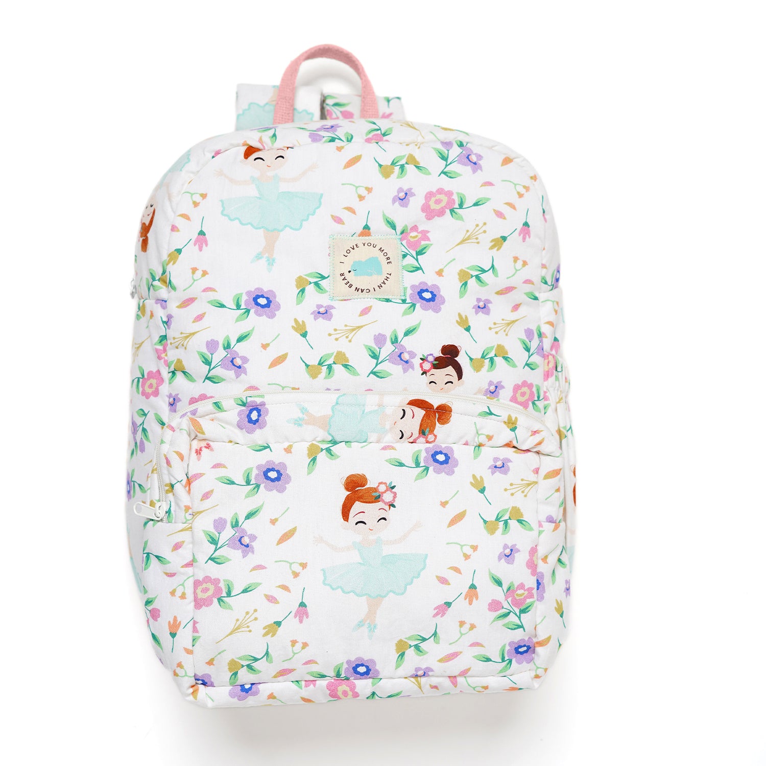 A white backpack with a pattern of ballerinas and flowers. The backpack has pink straps and a pink patch