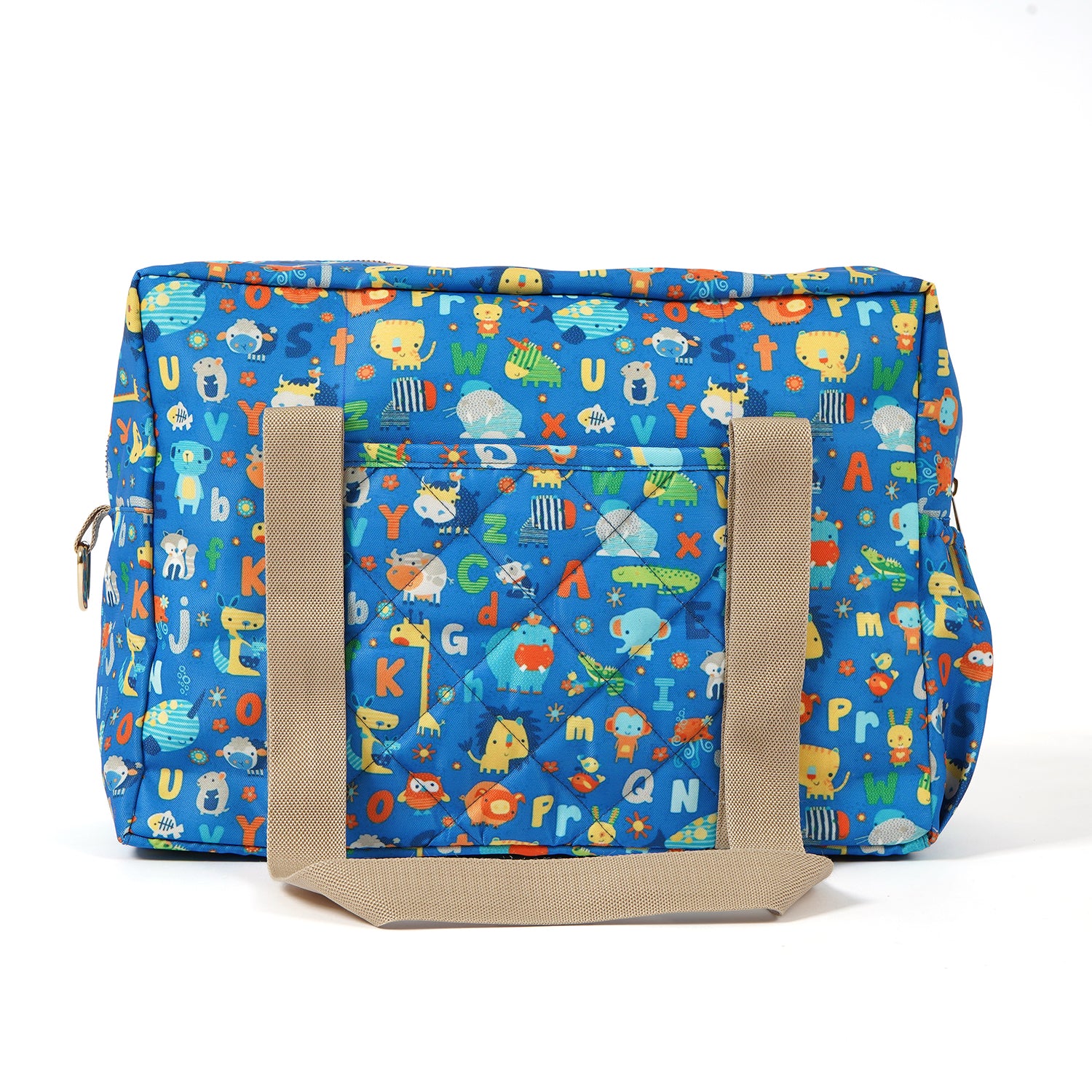 Colorful blue diaper bag with playful animal and alphabet prints, featuring beige straps and a spacious design for baby essentials.