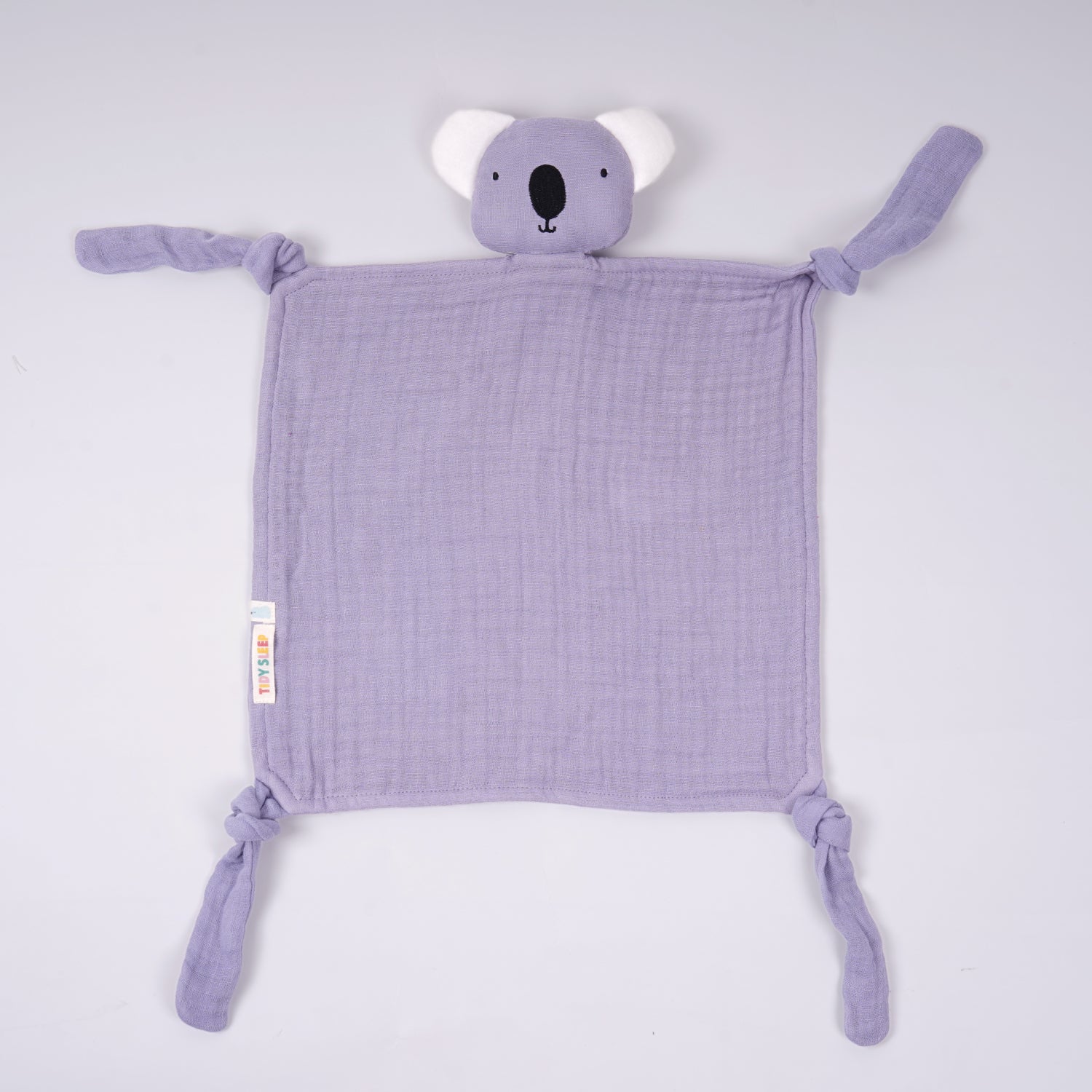 Light lavender face napkin with a cute koala head design and knotted corners, perfect for babies and kids.