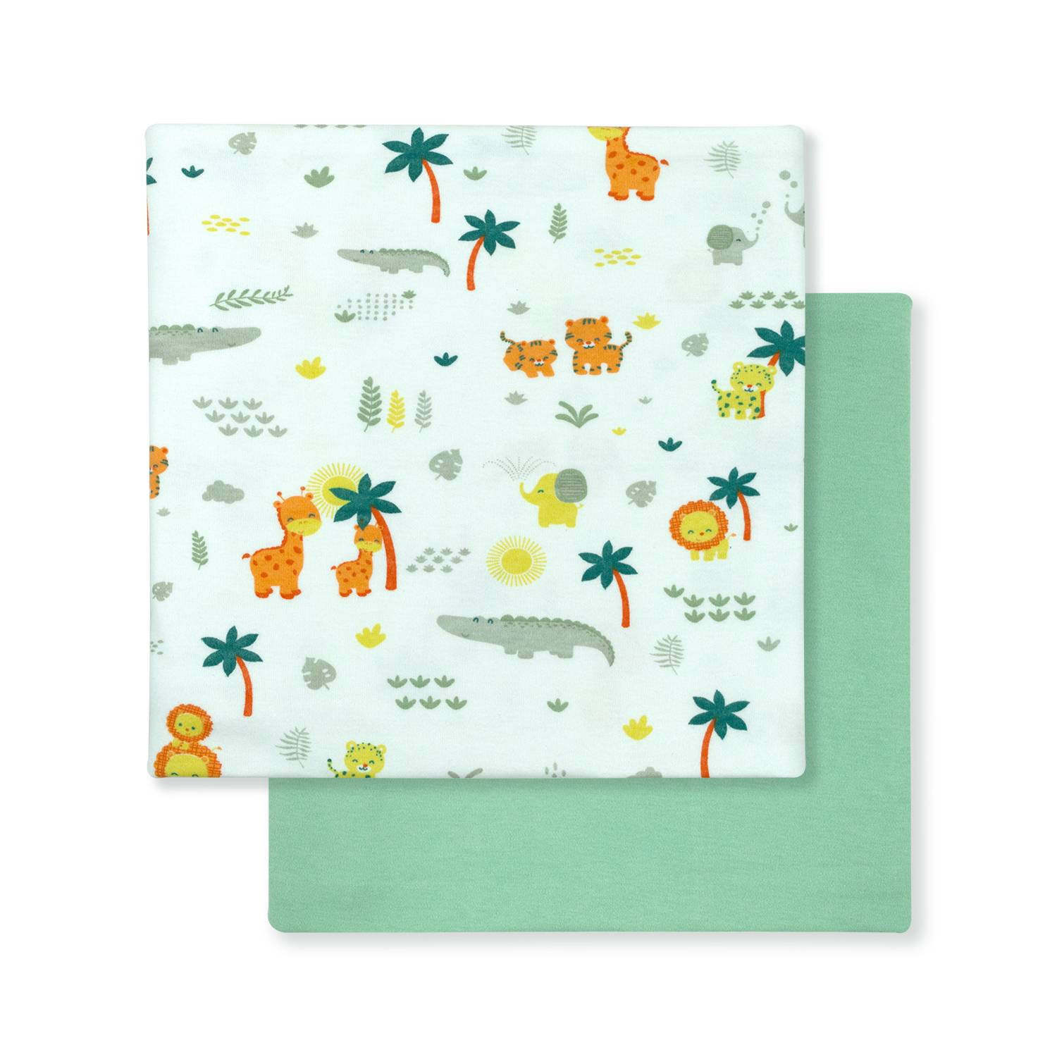 Cotton Jersey Swaddle - Jungle Safari & Solid Green Pack 2