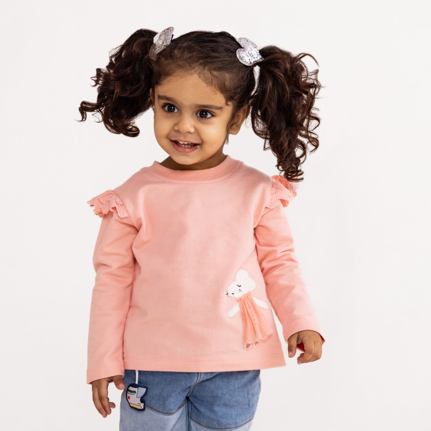 baby girl wearing light orange Mouse Sweat Shirt (with Embroidered Patch)