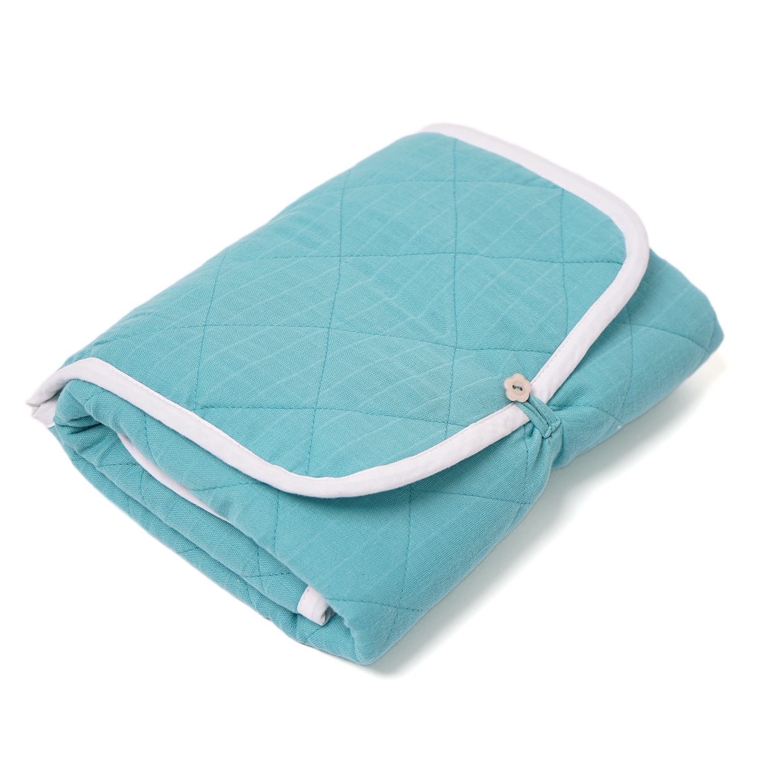  A folded, turquoise changing mat with a white border and a button closure. Theon the go to mats is made of quilted fabric.