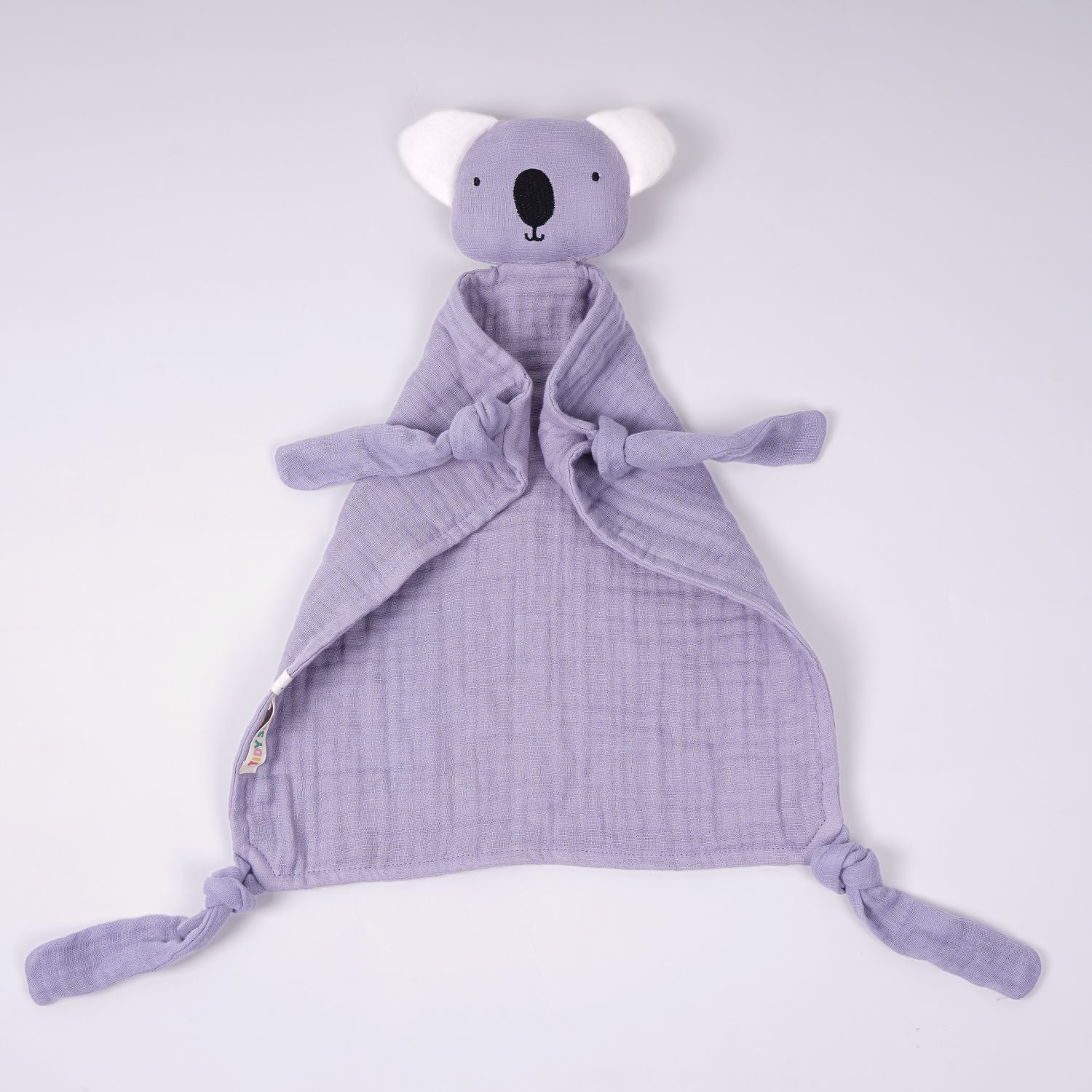 Light lavender face napkin with a cute koala head design and knotted corners, perfect for kids