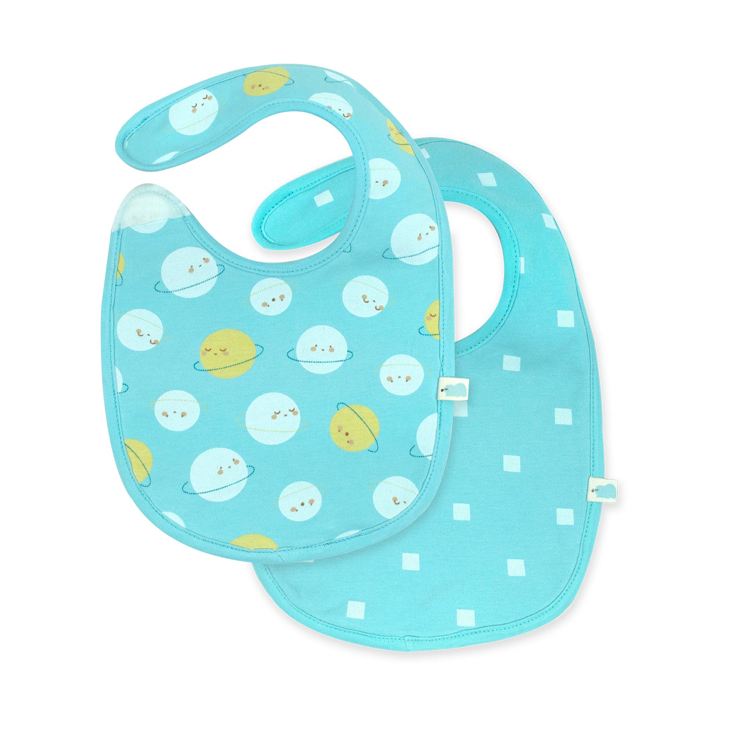 Cotton Jersey Bibs - Saturn Out in World & Blue Polka