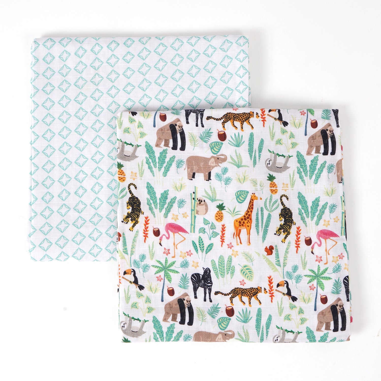 Set of 2 baby changing mat with jungle animal print and geometric pattern.