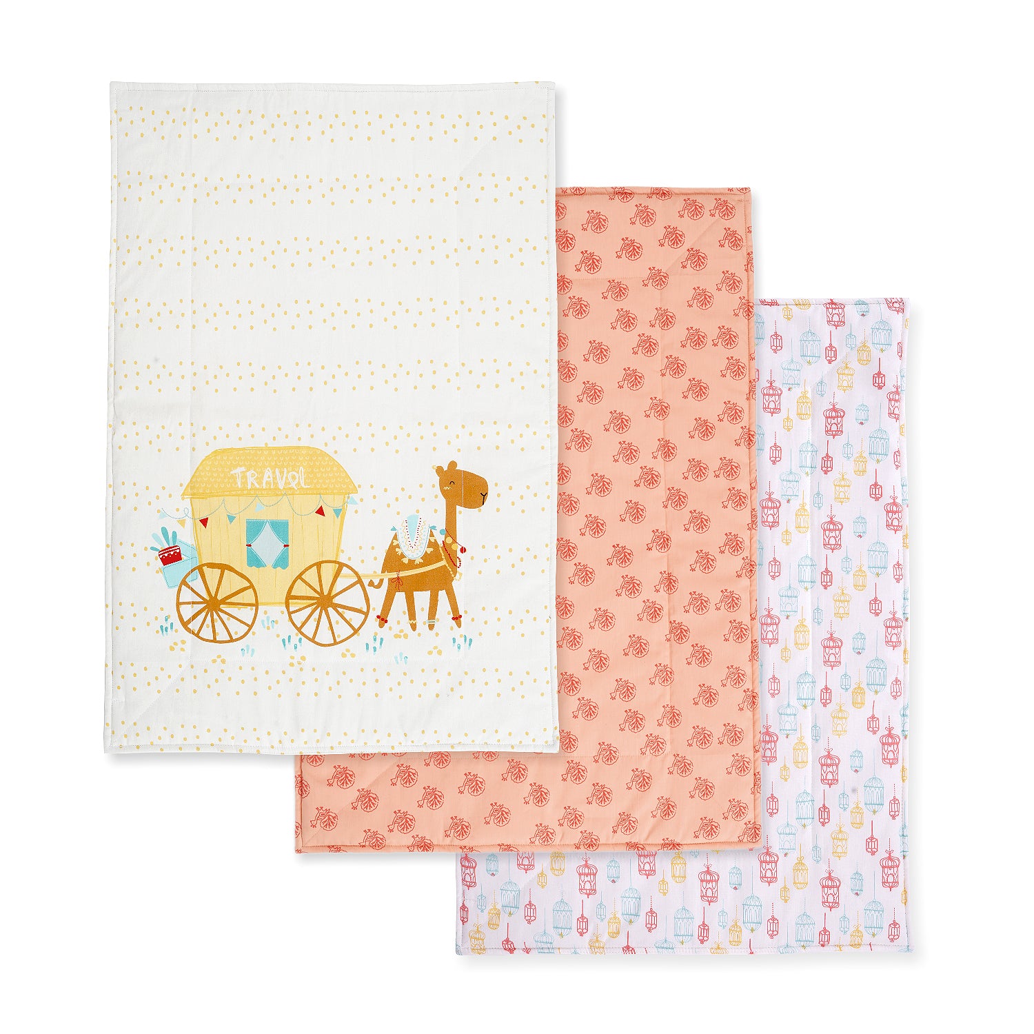 A set of three baby changing mat blankets featuring different designs.