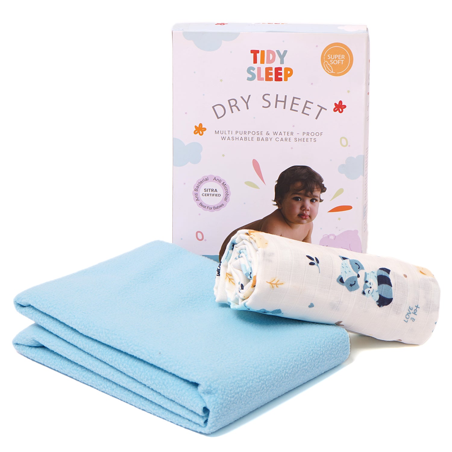 Waterproof Baby Dry Sheet with Muslin Swaddle Combo For New Born Blue MOM&ME