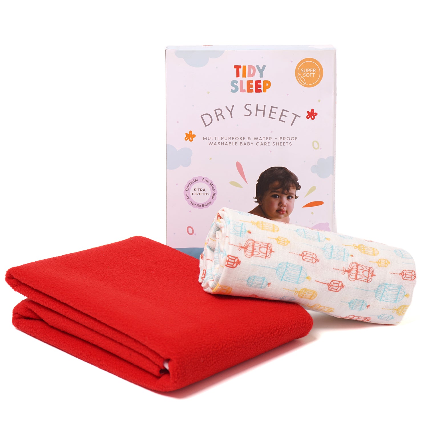Waterproof Baby Dry Sheet with Muslin Swaddle Combo For New Born Red ( Lamp )