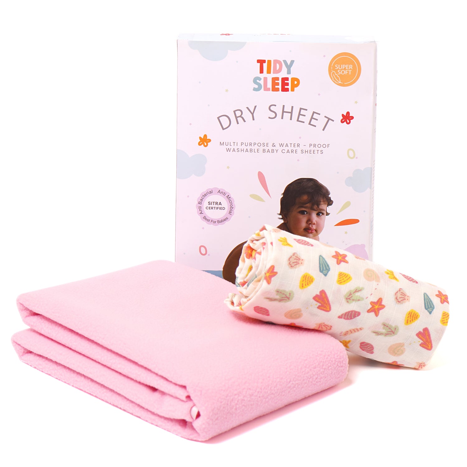 Waterproof Baby Dry Sheet with Muslin Swaddle Combo For New Born Pink ( Shells )