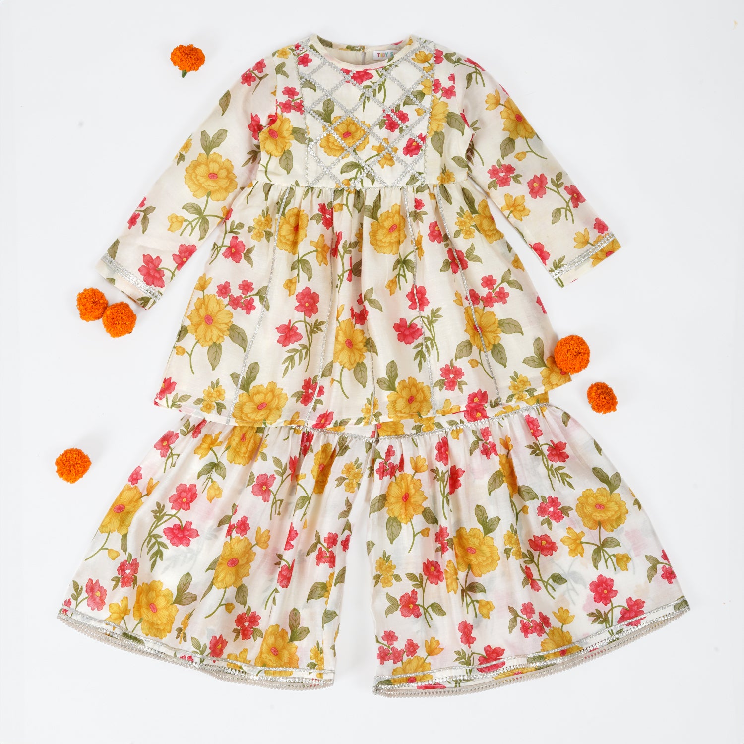 Floral Chanderi Print | Frock with Sharara Set Baby Girls | Festive Wear for Baby/Kids