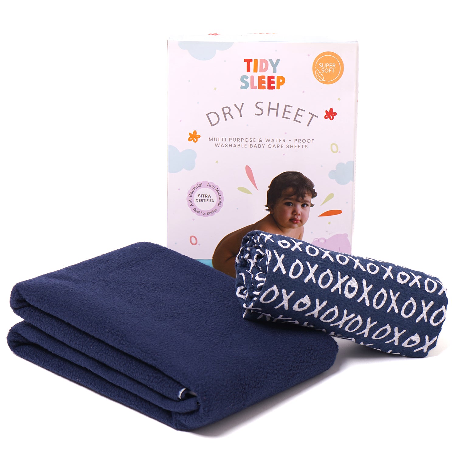 Waterproof Baby Dry Sheet with Muslin Swaddle Combo For New Born Midnight Blue ( XOXO )