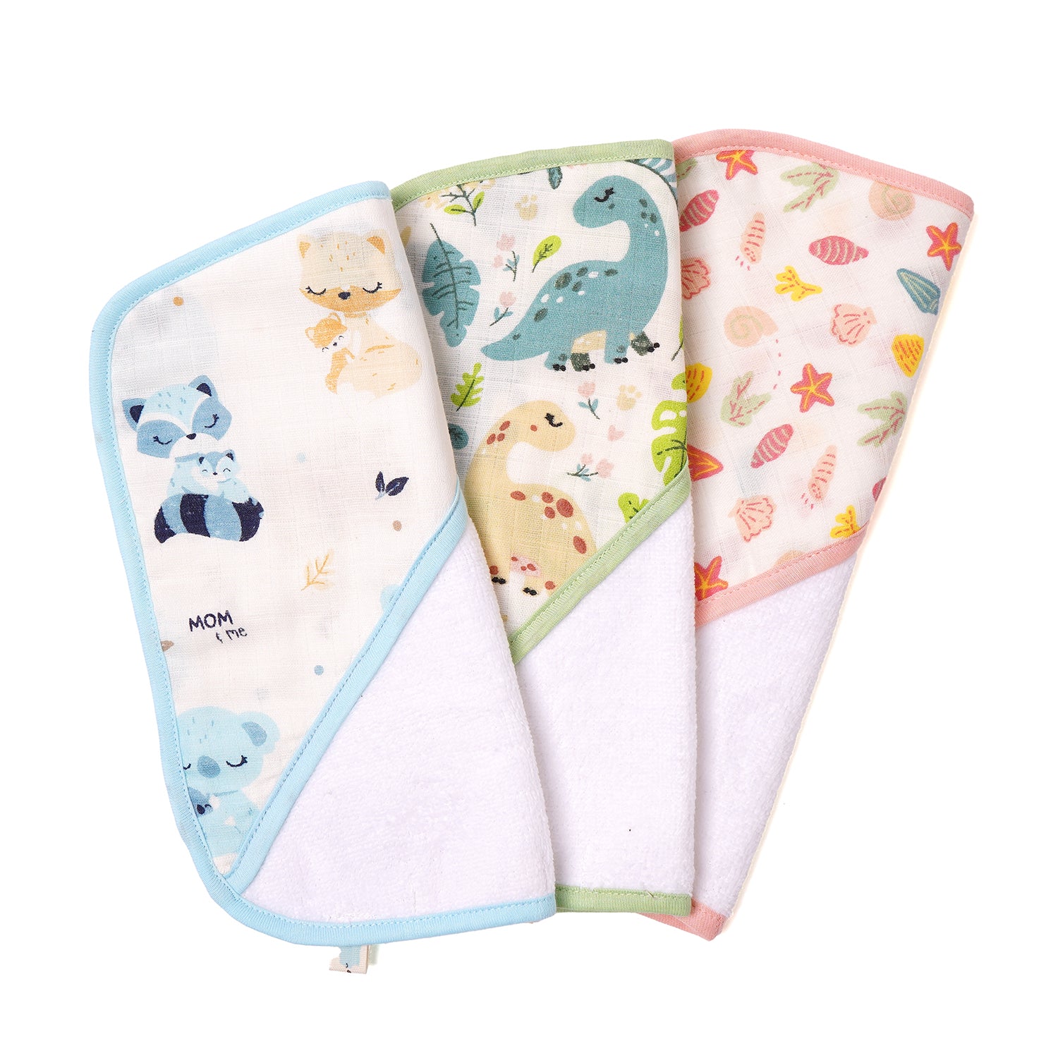 Muslin Baby Face Cloth/Face Towel for New Born Pack 3 ( Mom&Me & Dino & Shells)