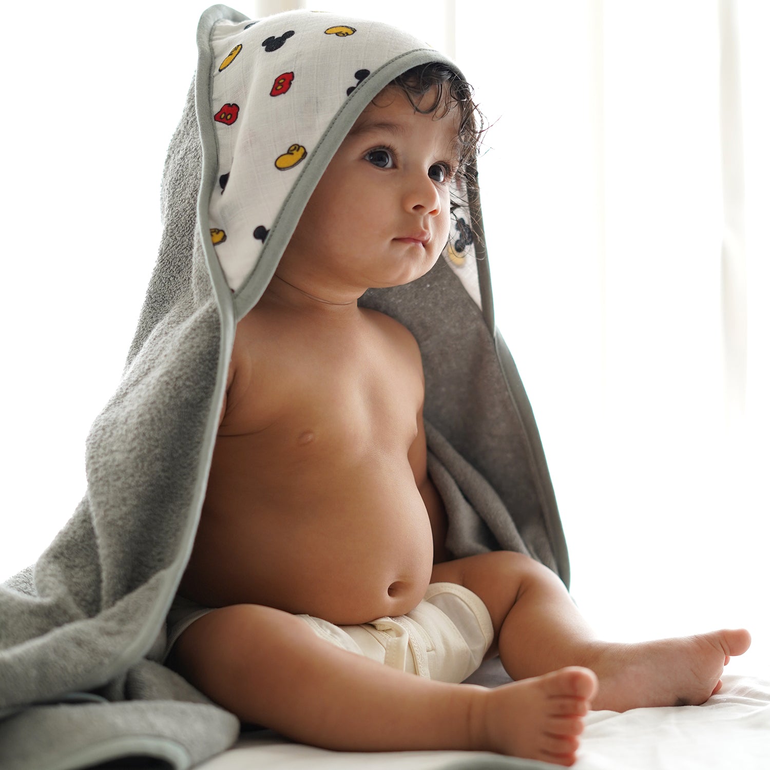 Baby Woven Hood Bath Towel -  Mickey (Grey)