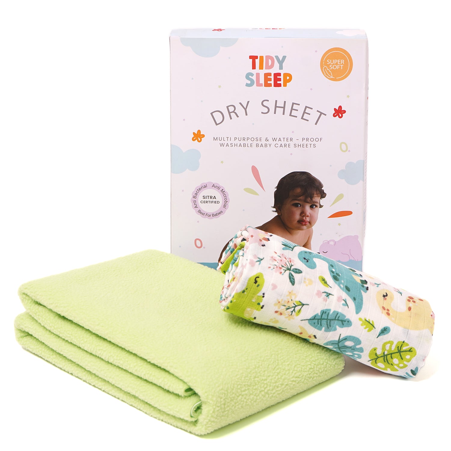 Waterproof Baby Dry Sheet with Muslin Swaddle Combo For New Born Green ( Dino )